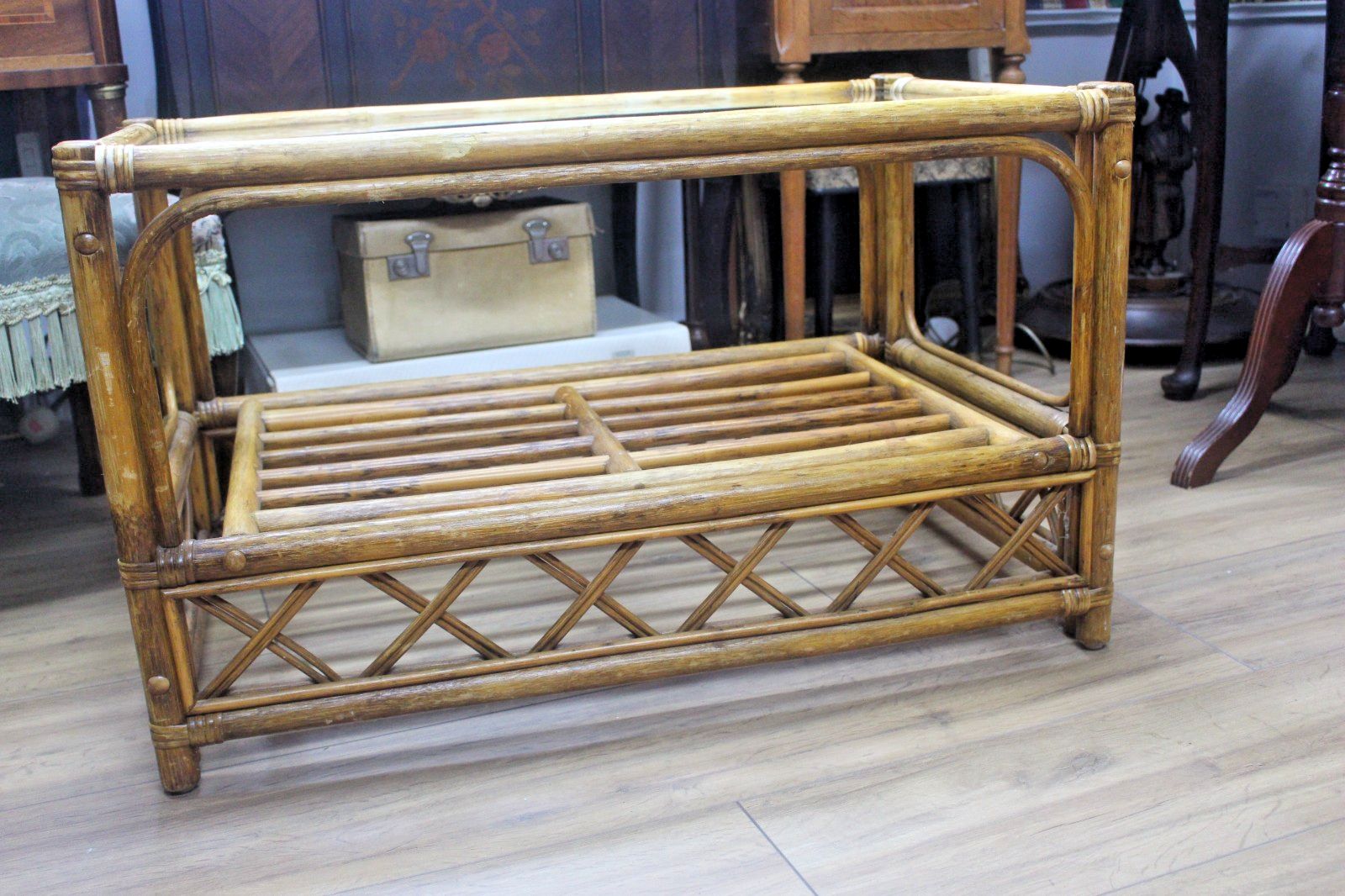 Vintage Coffee Table Bamboo Rattan Glass Top Rectangle Oriental Boho Retro photo buy
