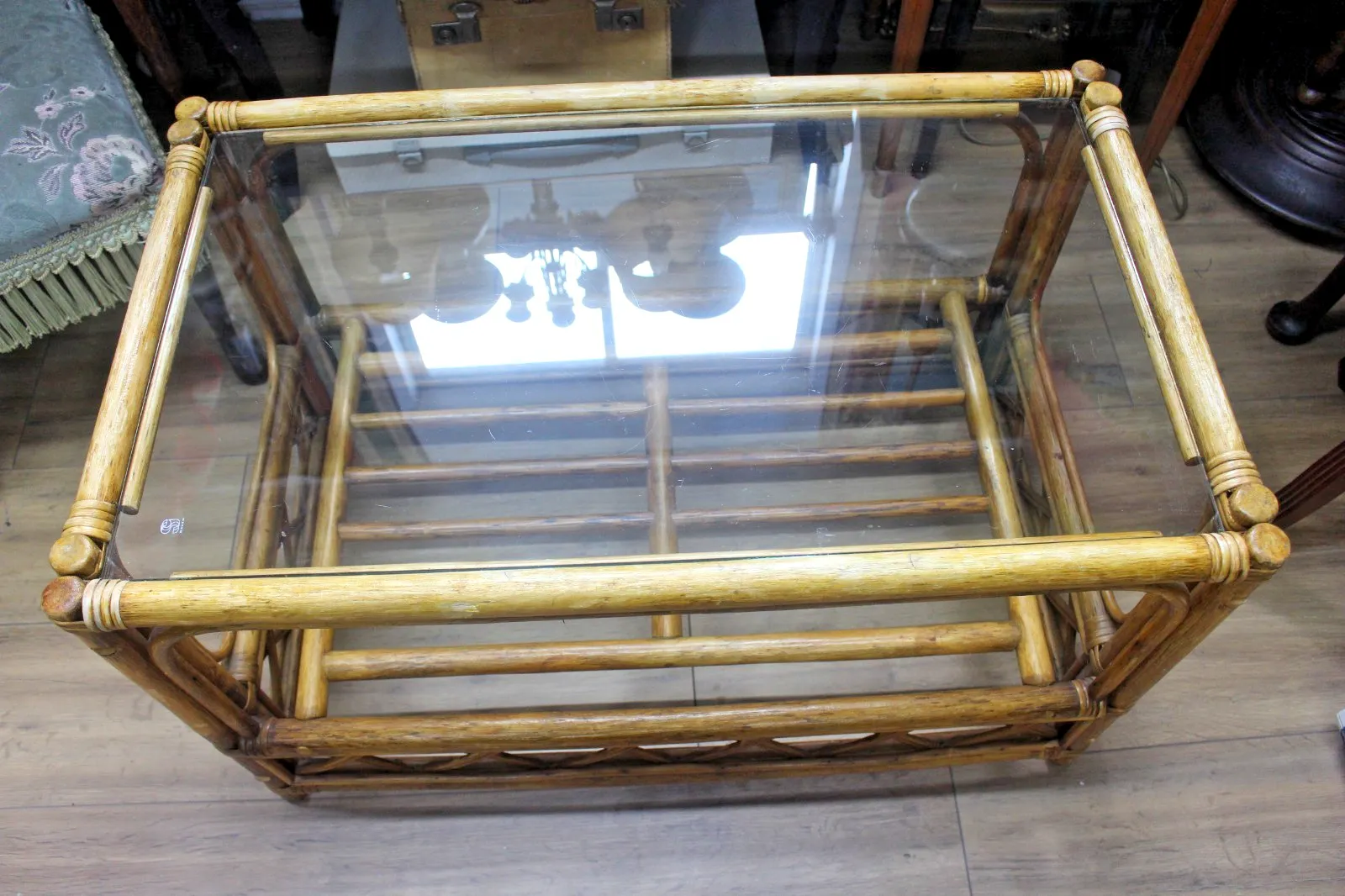 photo furniture Vintage Coffee Table Bamboo Rattan Glass Top Rectangle Oriental Boho Retro
