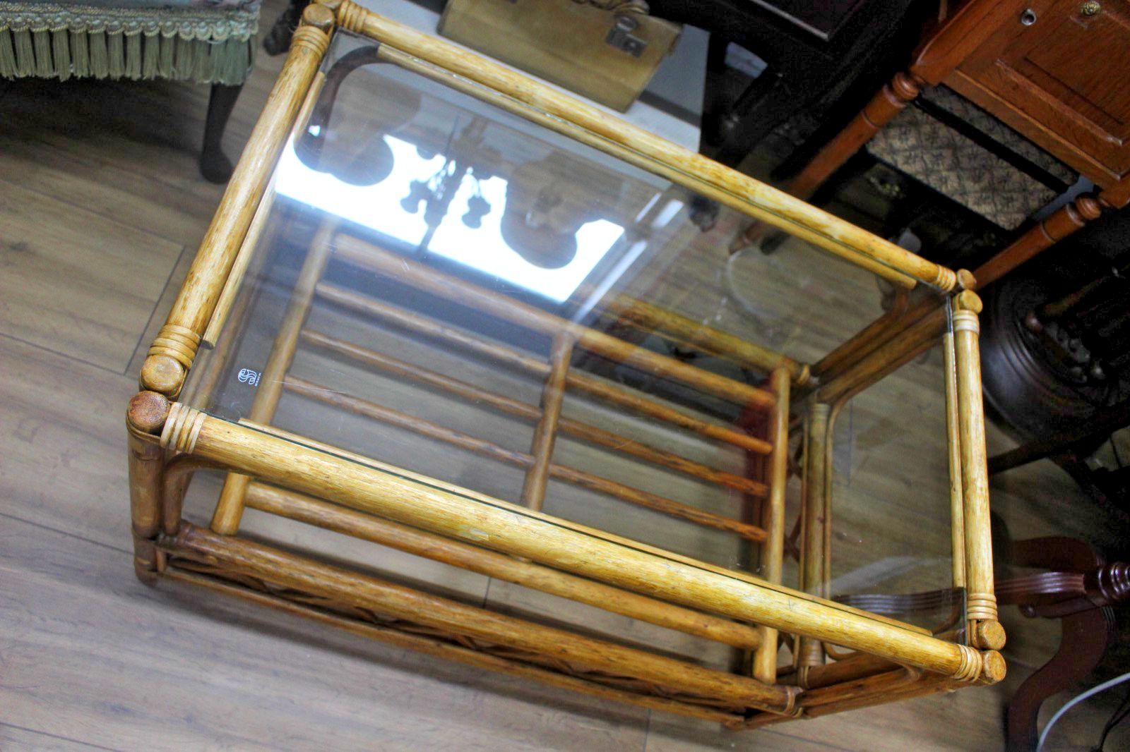 photo for sale Vintage Coffee Table Bamboo Rattan Glass Top Rectangle Oriental Boho Retro