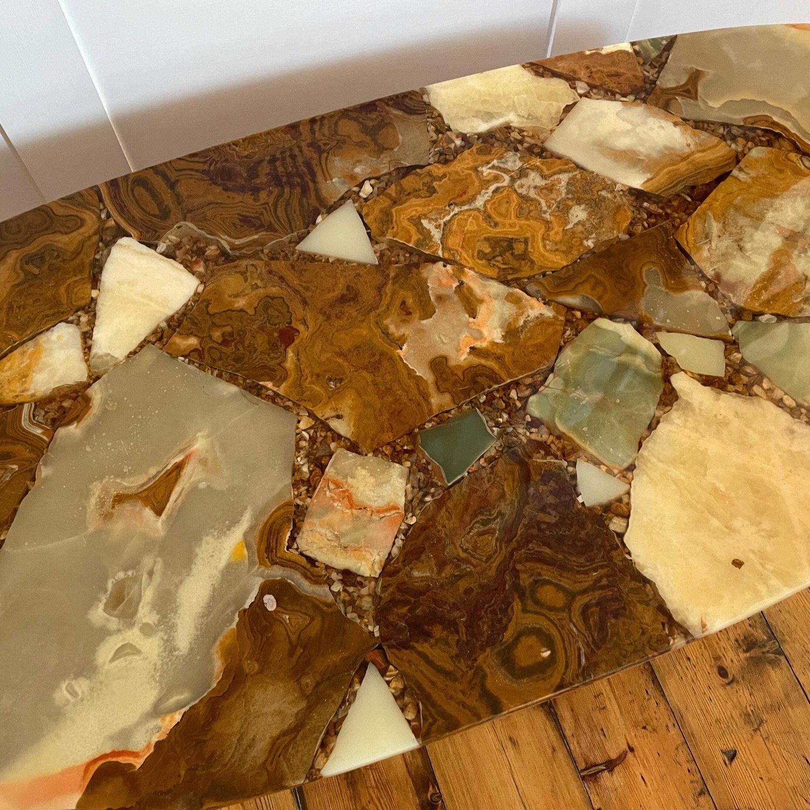 photo for sale Vintage Marble Onyx Coffee Table Regency Style Gold Metal Ornate Legs Coastal Beach Theme Stone Top Mid Century Italian Style Living Room