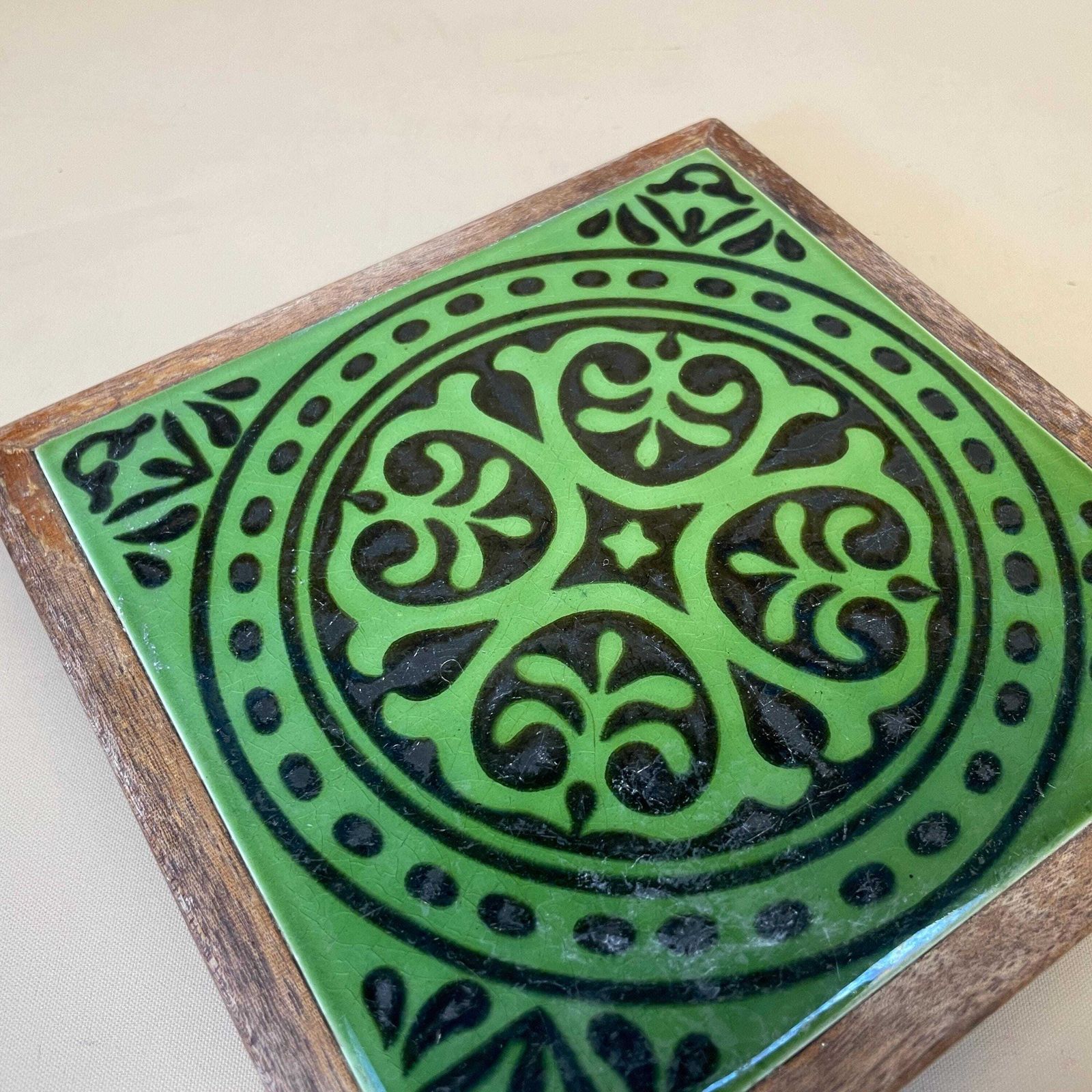 Moroccan Green Tile Trivet Ceramic With Wood Frame Handcrafted Decor Vintage Kitchen Decor Boho Style Table Protector Drink Coaster Morocco photo for sale