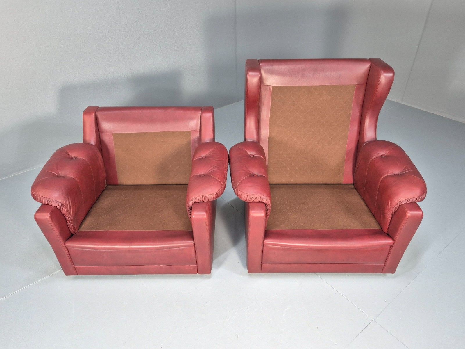 550.0 2 Vintage Danish Lounge Chairs Burgundy Leather 1980s Retro Mcm Eb10329 Mnor photo