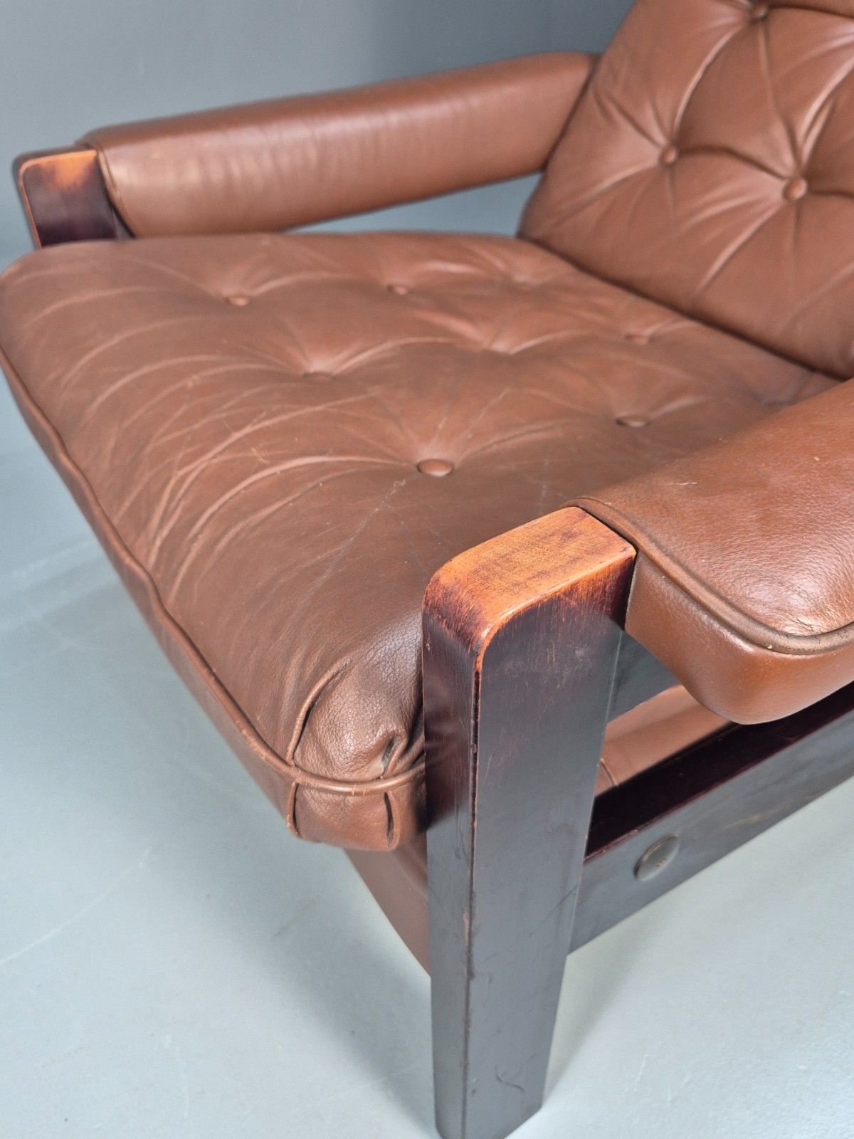 photo buy Vintage Danish Hardwood And Brown Leather Lounge Chair 1970s Retro Eb10322 Mnor