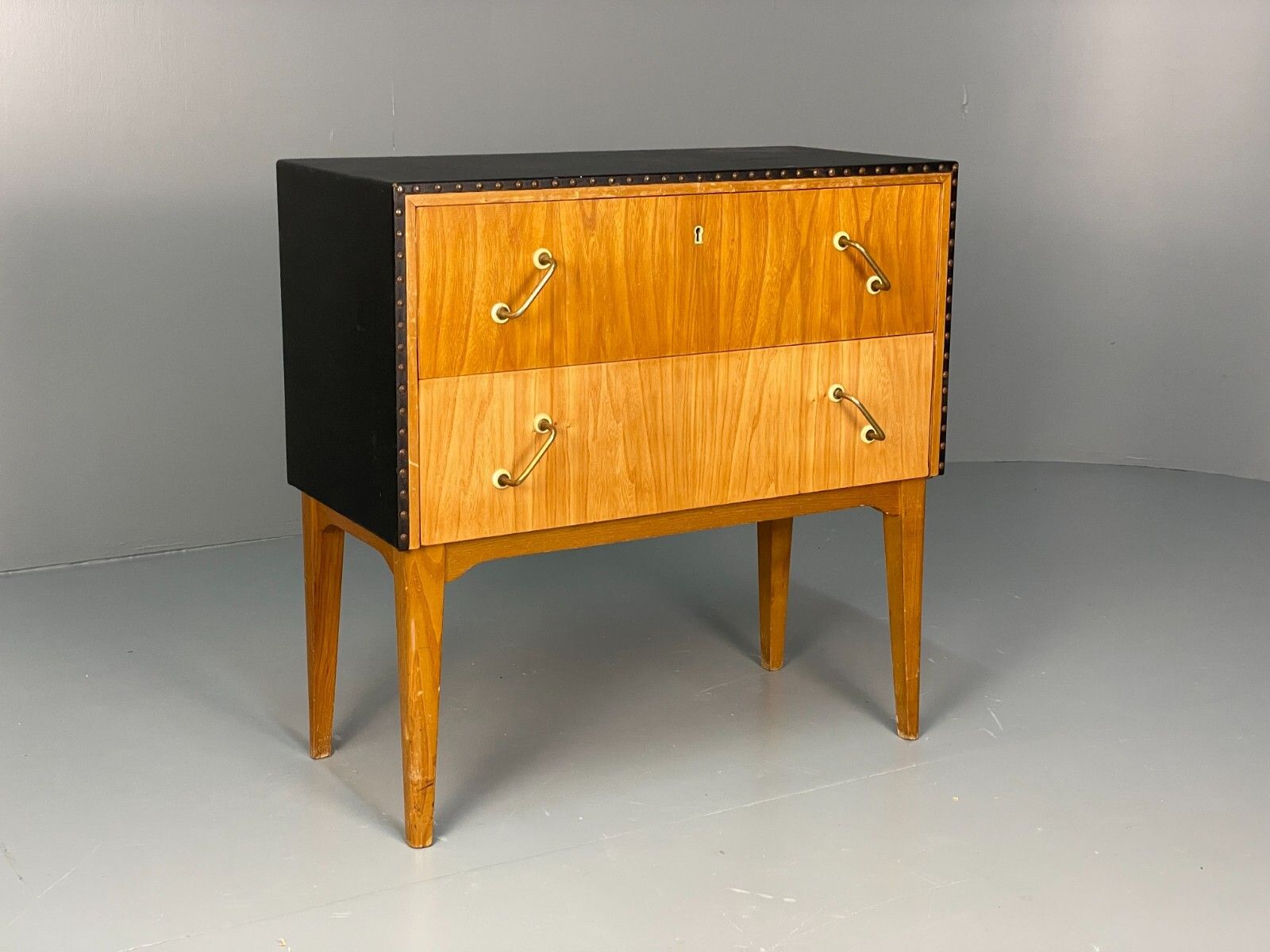 Vintage Bedside Cabinet Oak Studded Vinyl 1950s Mid Century Drawers Eb7954 Mwoo photo furniture