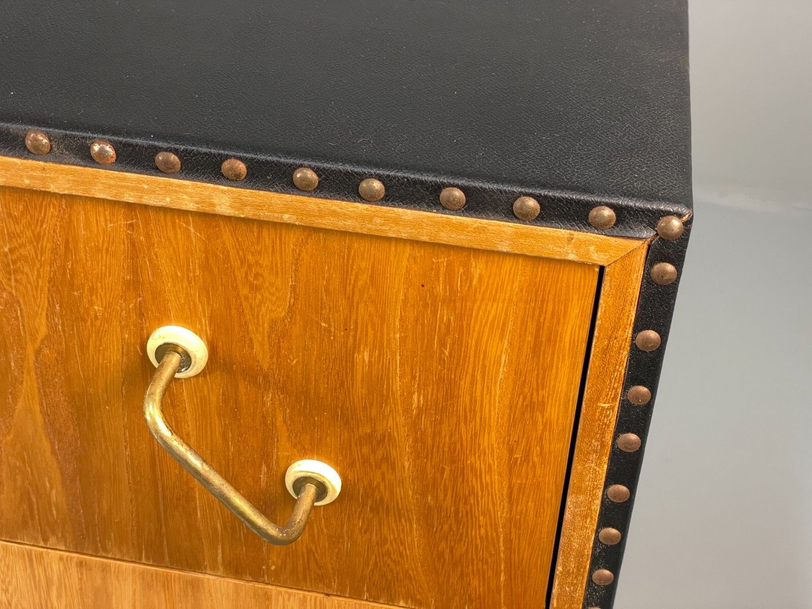 Vintage Bedside Cabinet Oak Studded Vinyl 1950s Mid Century Drawers Eb7954 Mwoo photo buy