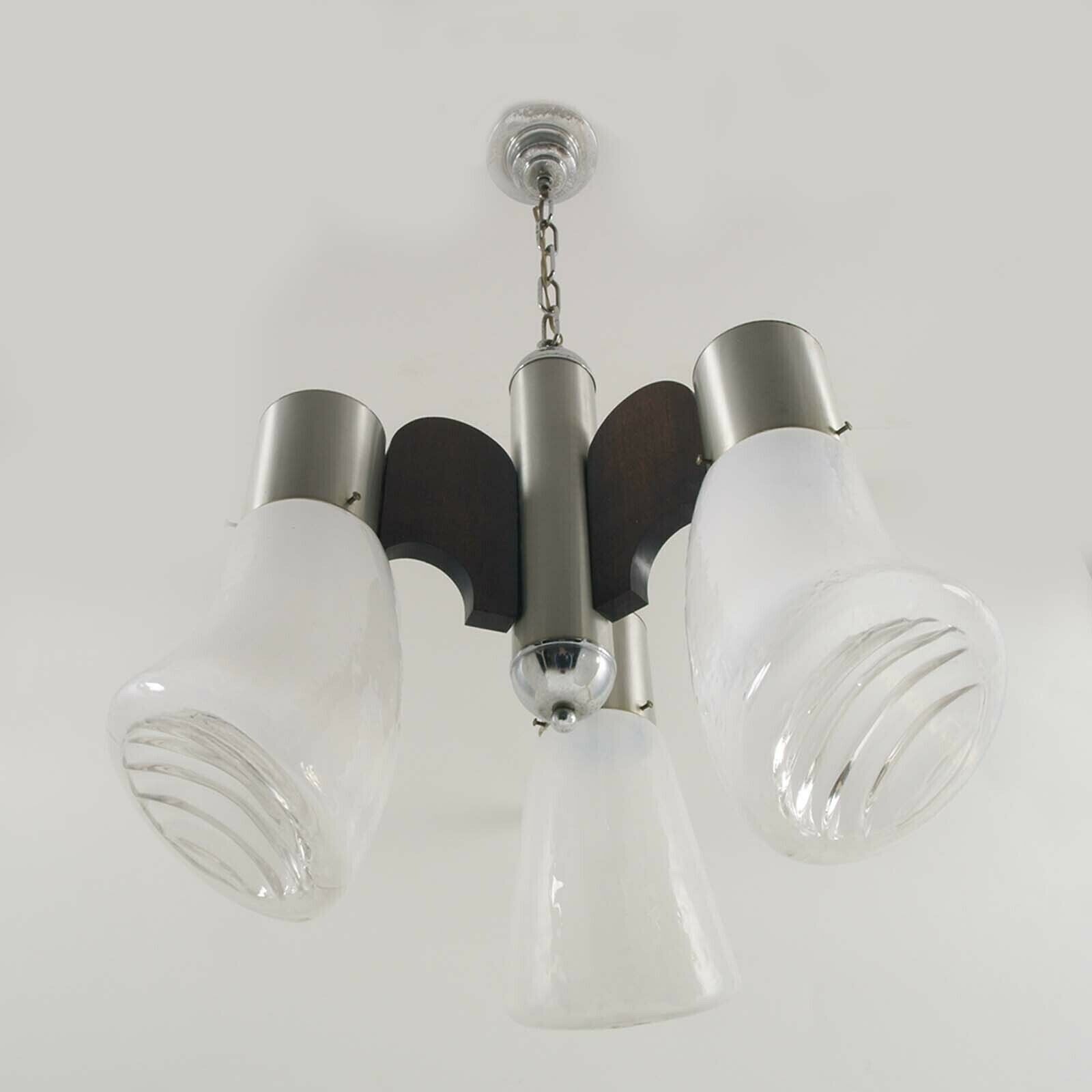 Stainless Steel & Wood Pendant  By Gaetano Sciolari For Mazzega, Murano Glass photo 2700.0