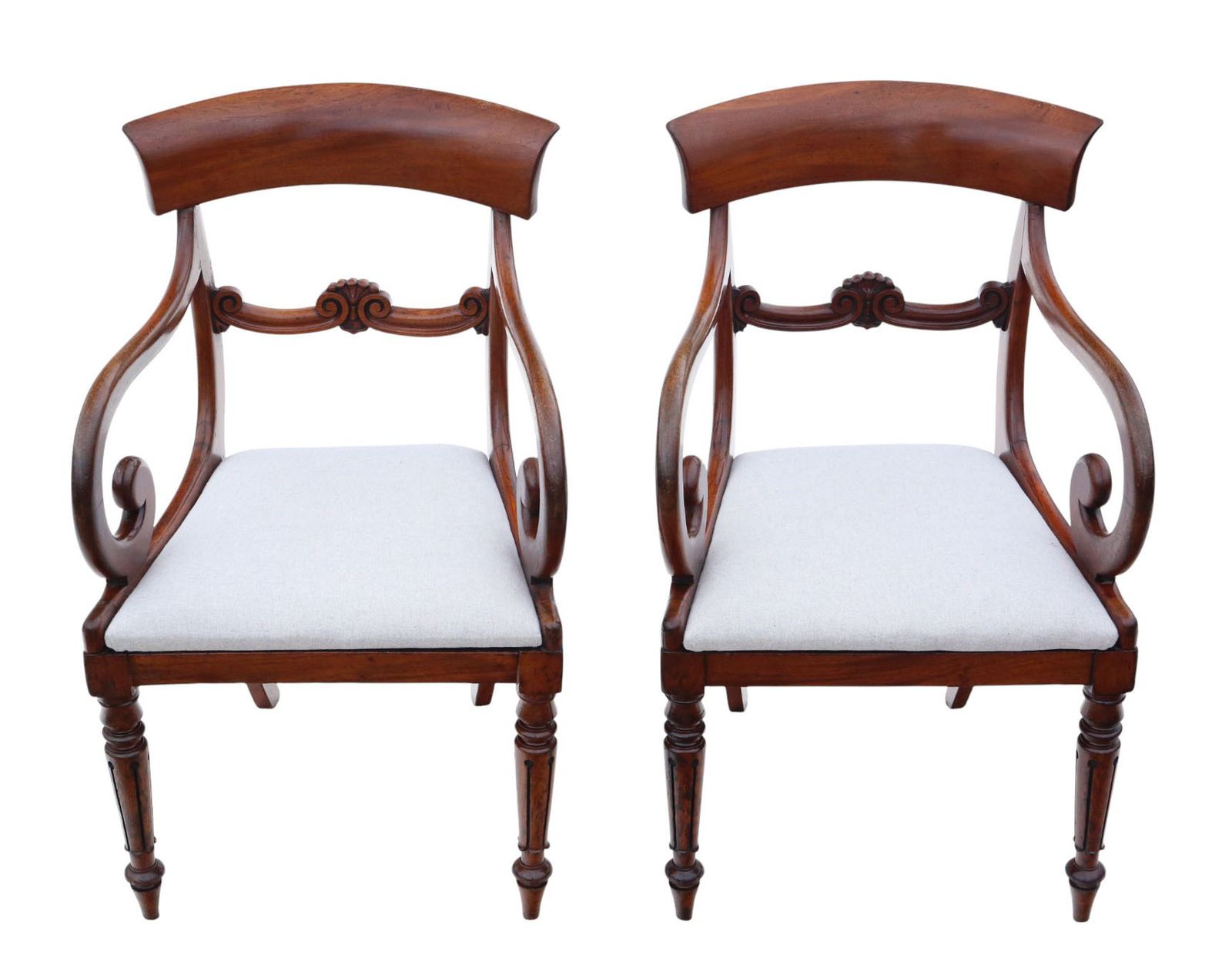Antique 19th Century Pair Of Mahogany Scroll Arm Carver Dining Chairs – Fine Quality Elbow Chair