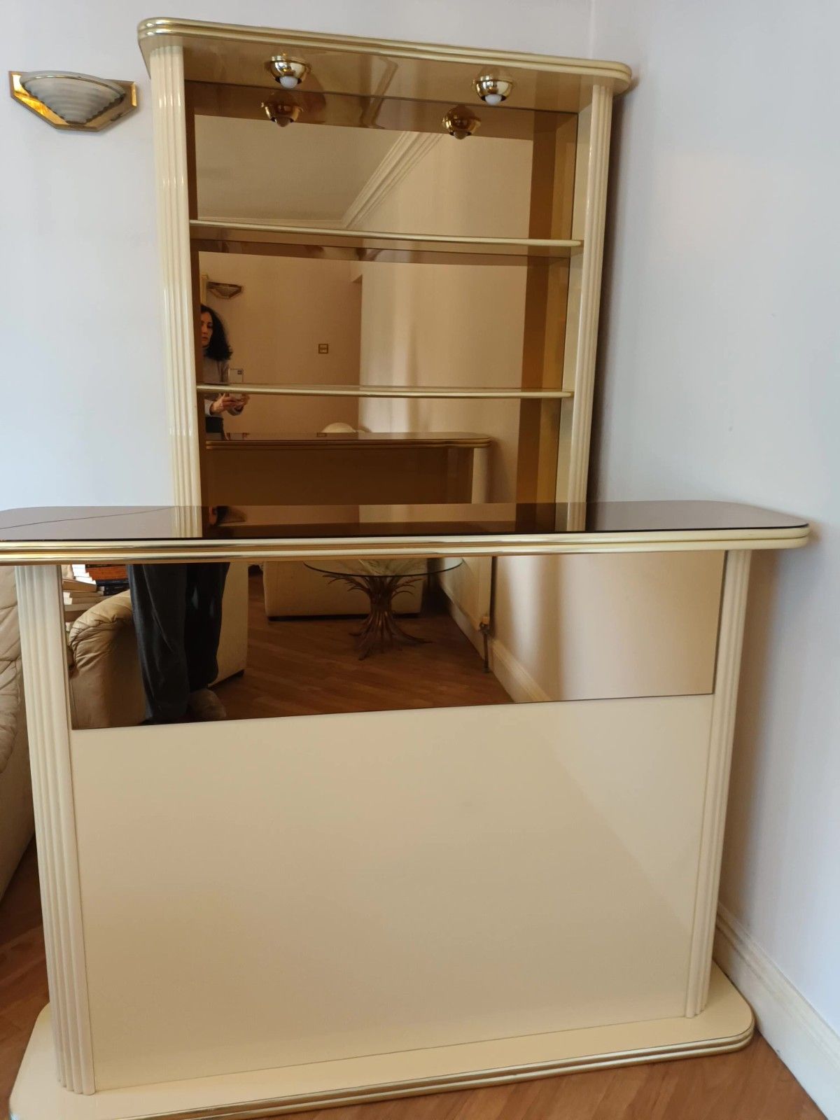 Spectacular Cream 80s Lacquer, Rose Tinted Mirror Italian Counter Bar & Cabinet photo furniture