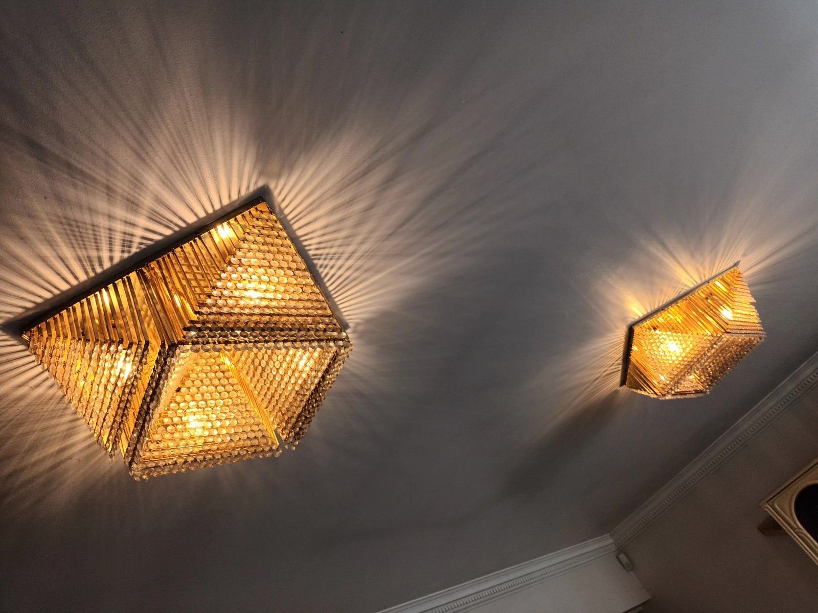 Spectacular Pair Of Pentagonal Crystal, Copper Mid Century Modern Chandeliers photo furniture