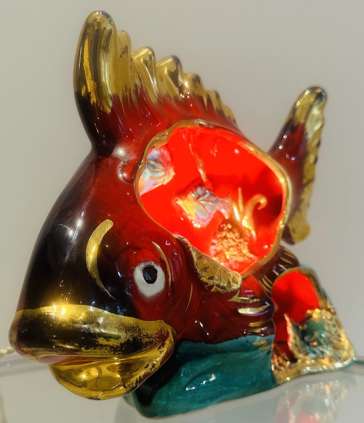 Vintage 1960s French Vallauris Glazed Ceramic Red & Gold Glazed Fish Aquarium Table Lamp photo Lighting