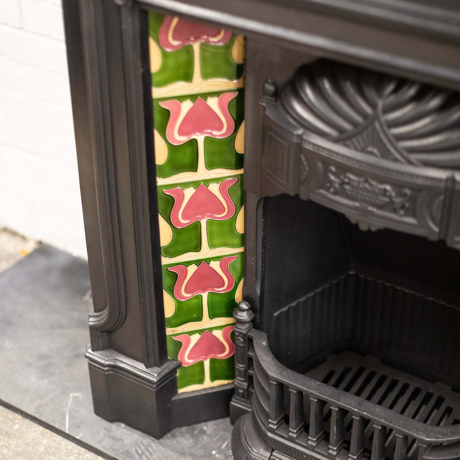 Antique Art Nouveau Combination Fireplace With Green & Red Tiles photo vintage
