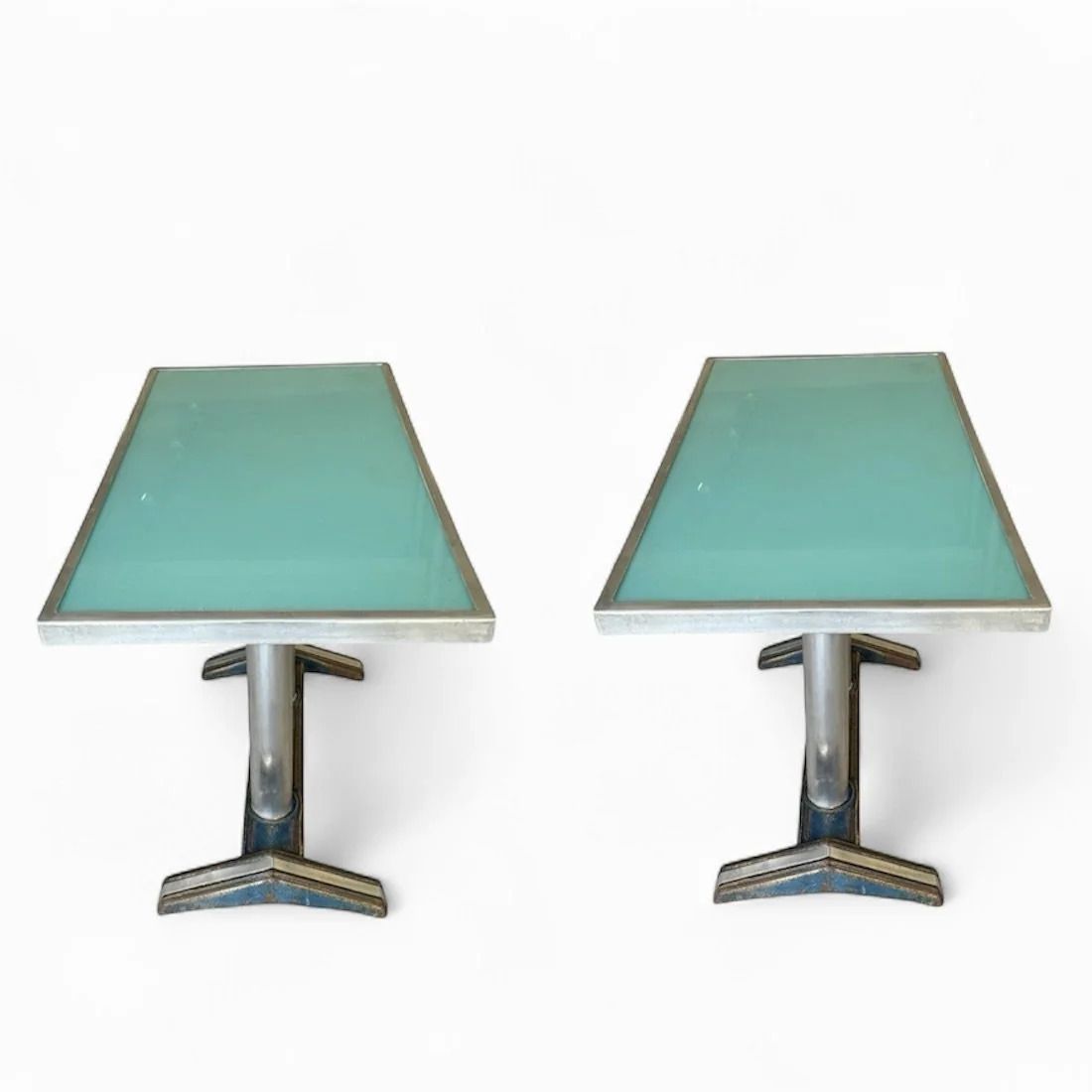 A Pair Of 1950s French Glass Topped Aluminium Sky Blue Console Tables photo for sale