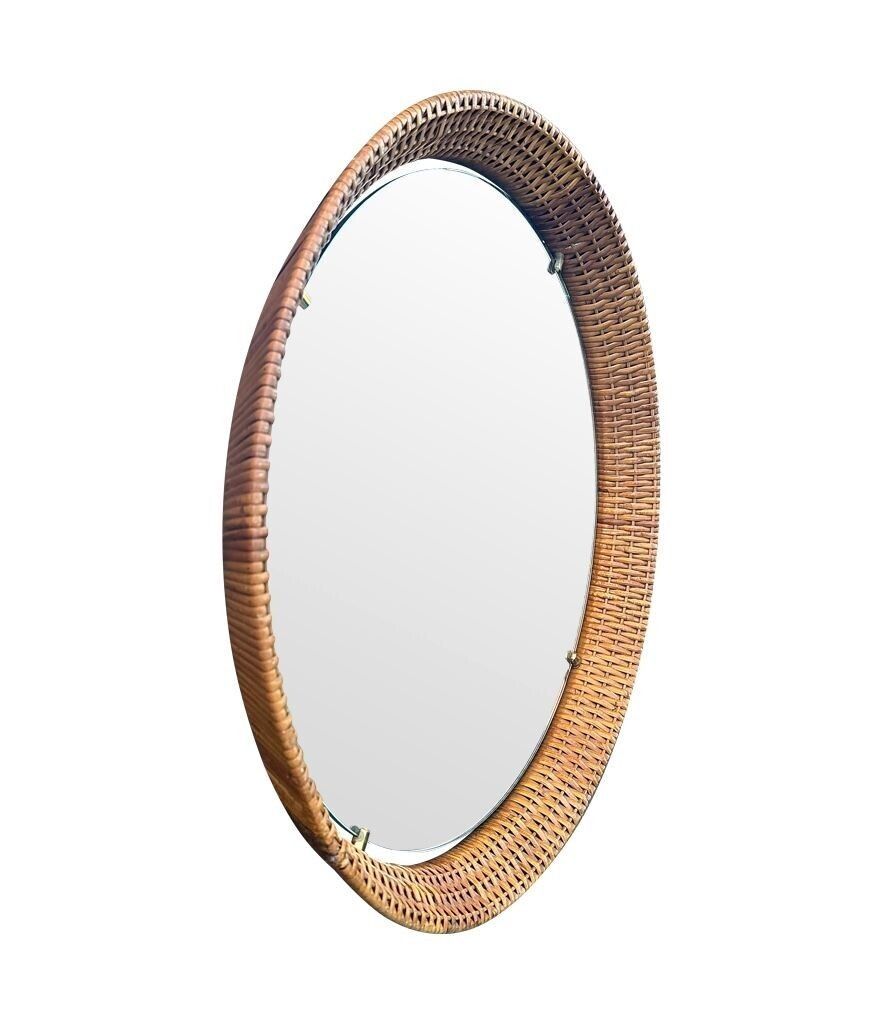 A Circular 1950s Italian Woven Rattan Mirror By Cantu, Roma With Brass Detail photo vinterior