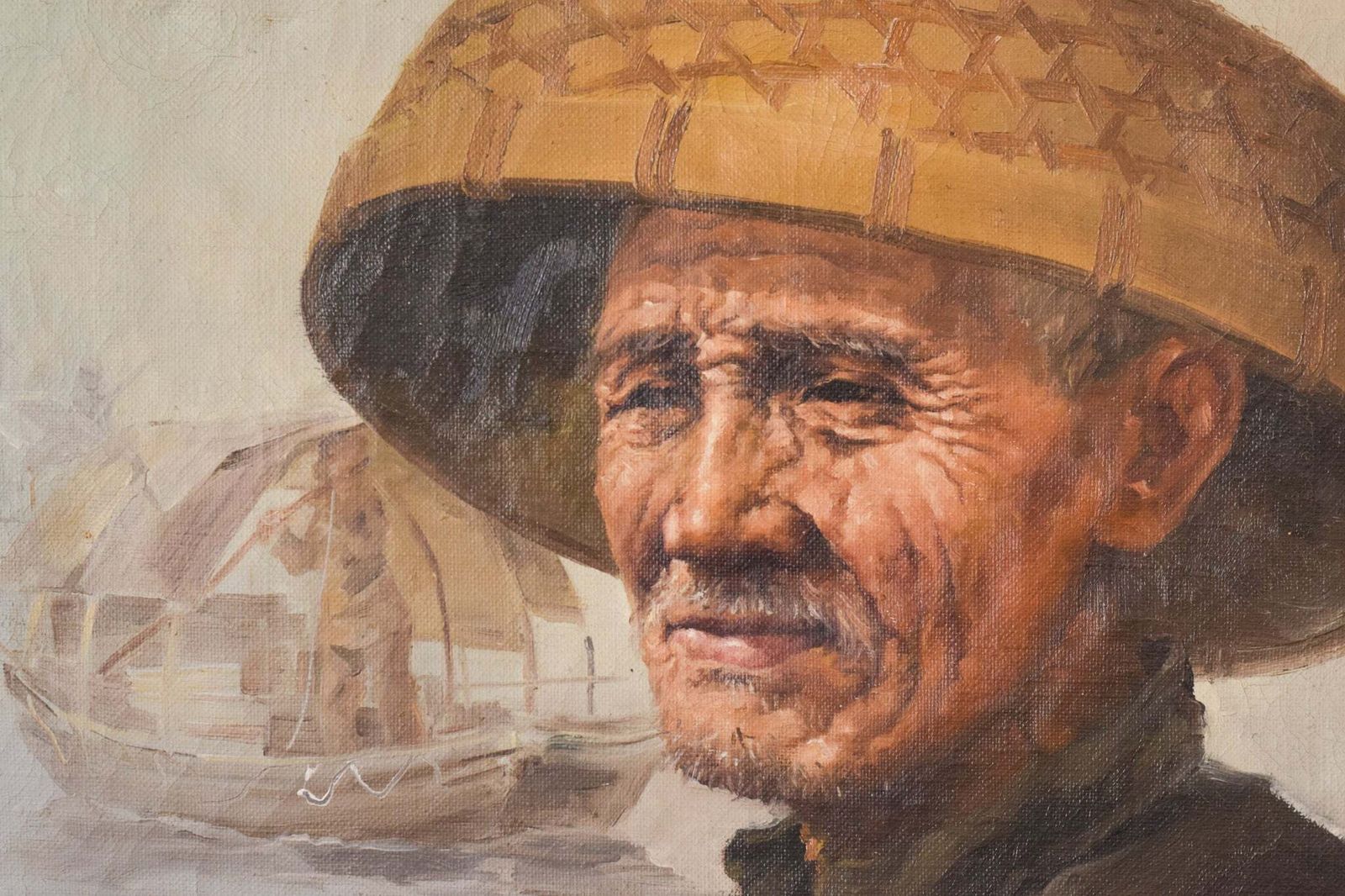 Elderly Fisherman In Straw Hat By S. Chen Painting photo for sale
