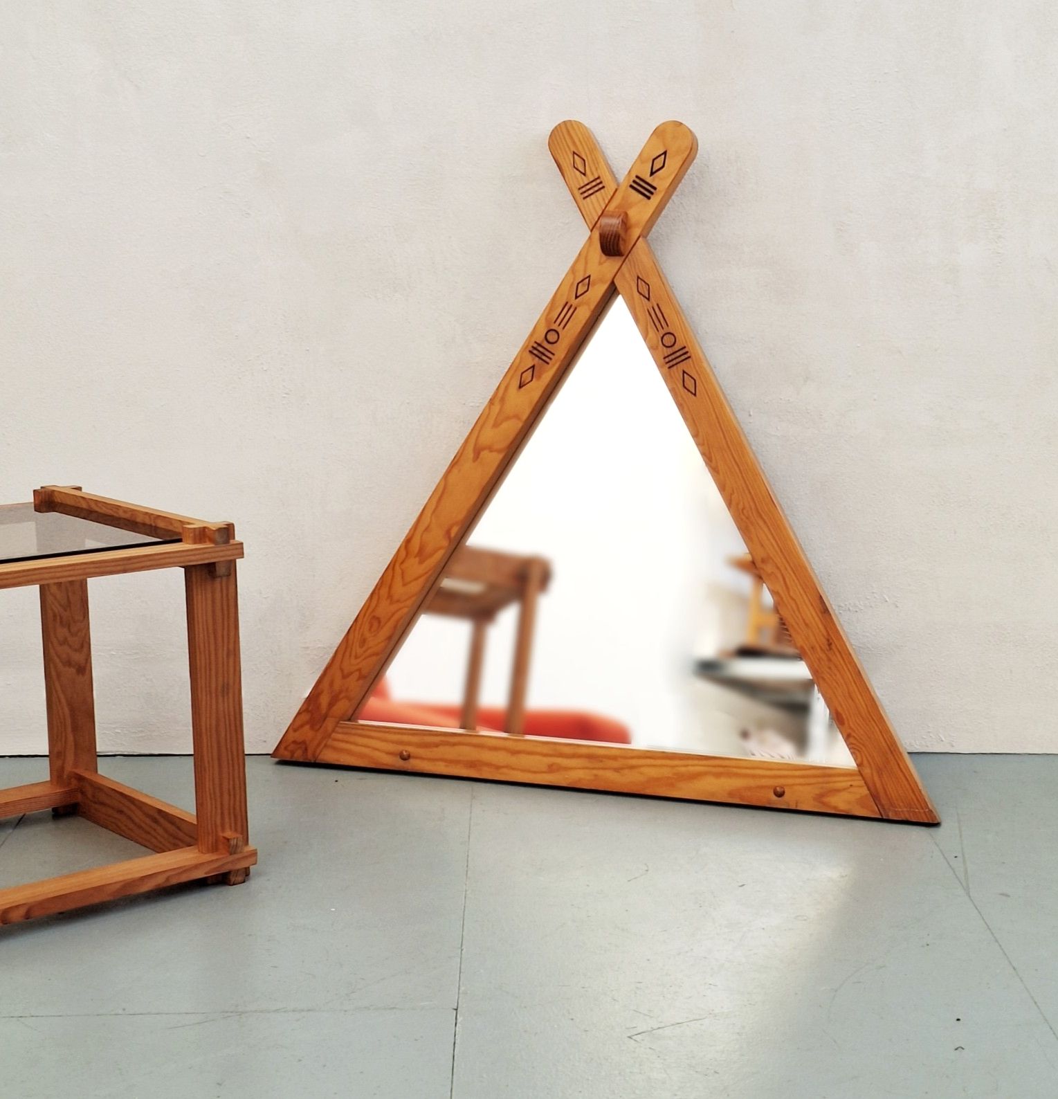 Large Vintage Triangular Pine Mirror photo 425.0