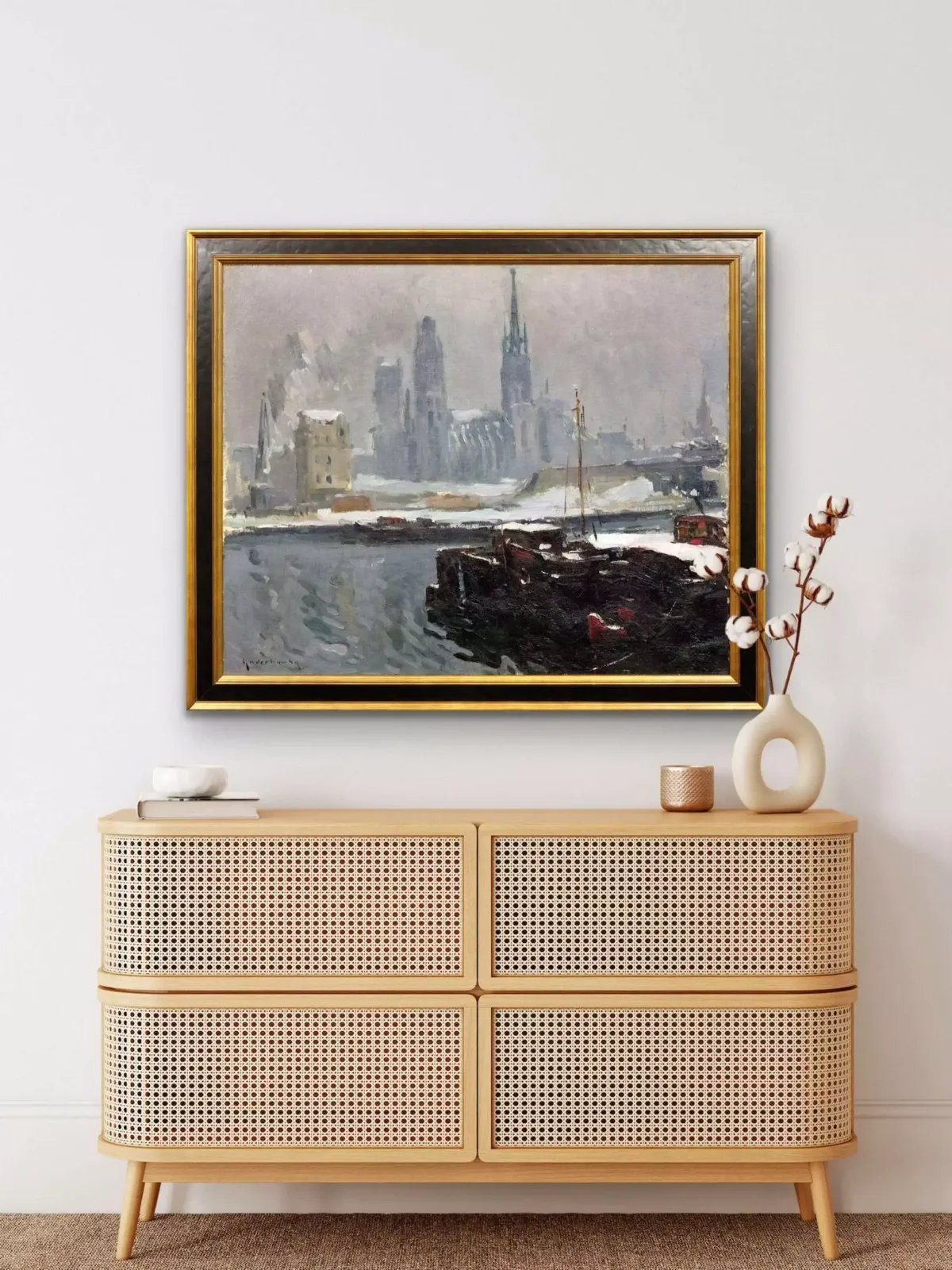 photo vintage Paul   Jean Anderbouhr 1909 To 2006. The Agony Of Rouen, Normandy 1944. World War 2 France D Day Allied Aerial Bombing. Framed Wartime Oil Painting.