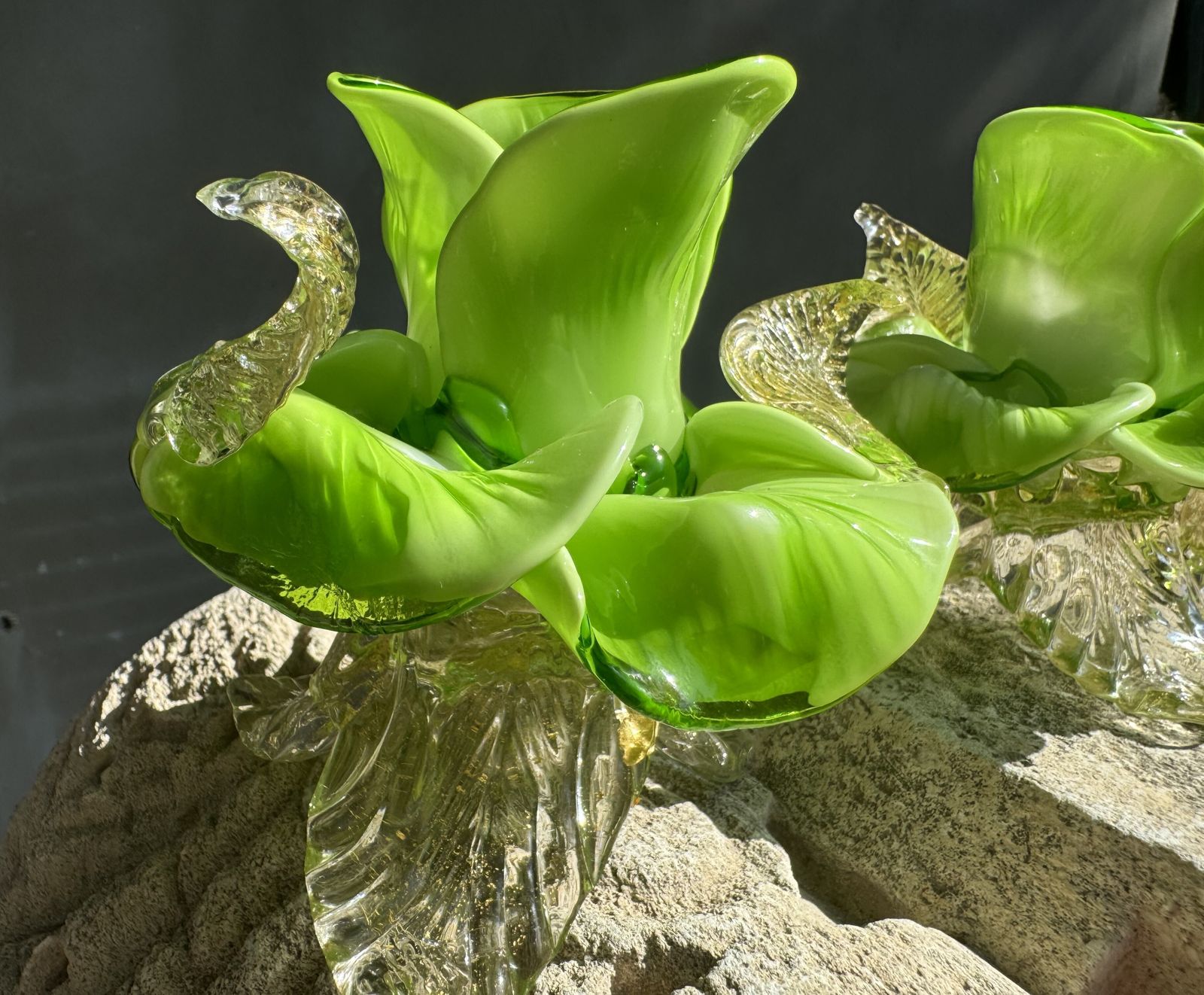 Pair Of Green Murano Glass Flower Candle Holders With Gold Aventurine, Italy C.1970s photo for sale