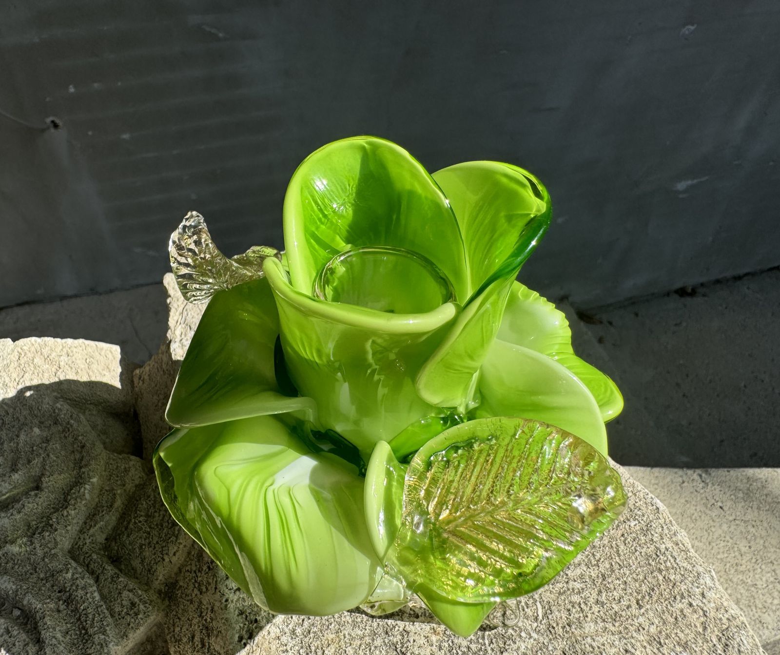 Pair Of Green Murano Glass Flower Candle Holders With Gold Aventurine, Italy C.1970s photo vinterior