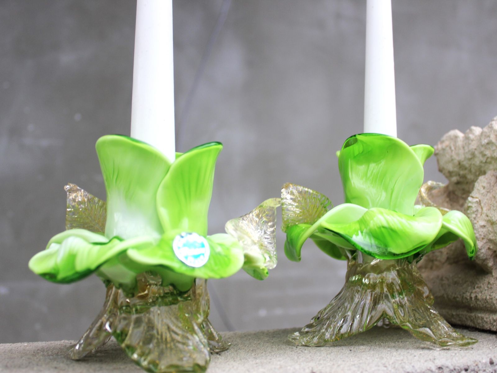 Home Decor Pair Of Green Murano Glass Flower Candle Holders With Gold Aventurine, Italy C.1970s photo