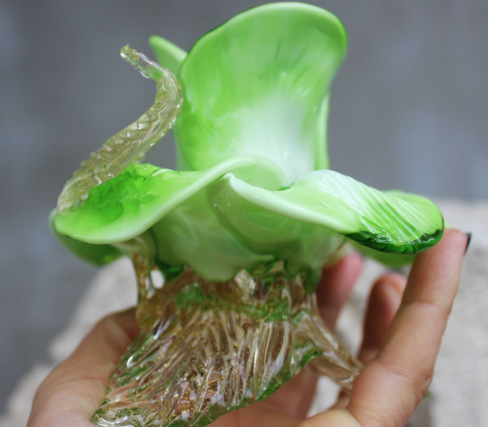 photo buy Pair Of Green Murano Glass Flower Candle Holders With Gold Aventurine, Italy C.1970s