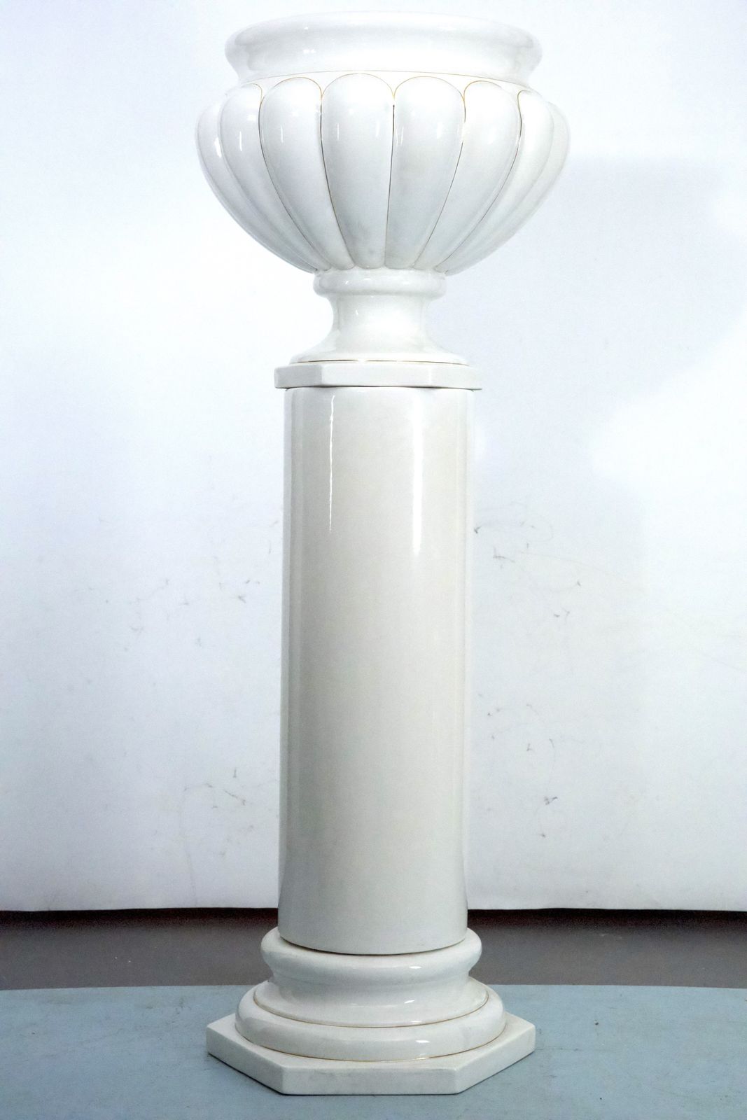 photo for sale Tommaso Barbi Oversized White Ceramic Vase With Gold Details And Column, Italy, 1970s