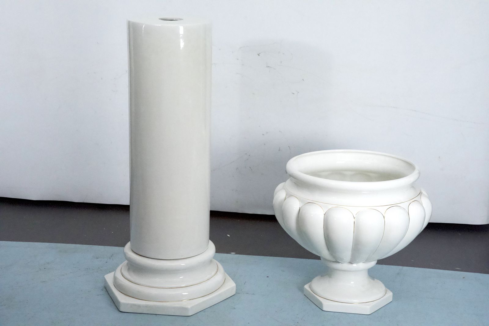 photo buy Tommaso Barbi Oversized White Ceramic Vase With Gold Details And Column, Italy, 1970s