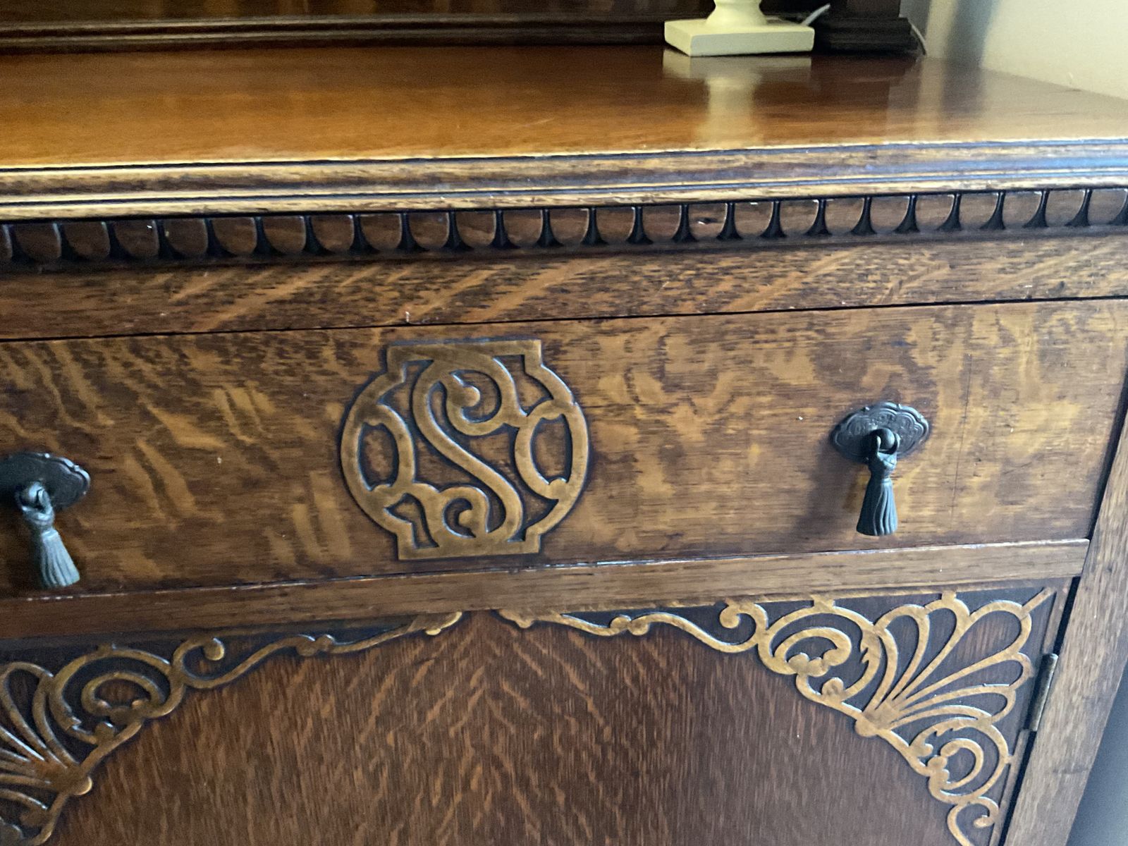 Early 1900 Sideboard In Oak With Ornate Oval Mirrored Upstand, 2 Doors 2 Drawers photo vintage