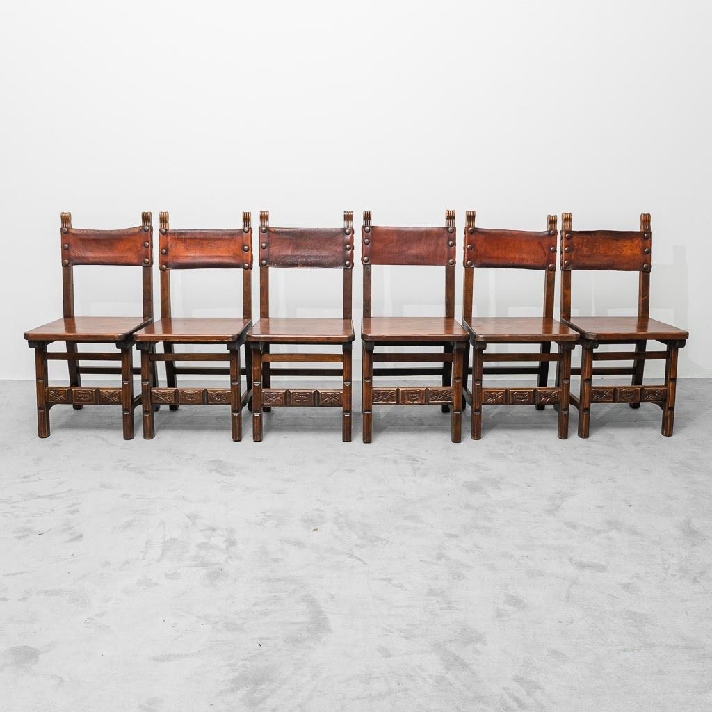 Set Of 6 Brown Wood And Leather Dining Chairs Late 19th Century photo 873.0