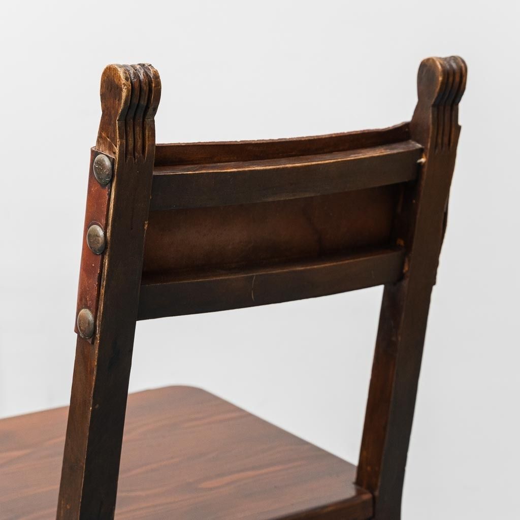 photo for sale Set Of 6 Brown Wood And Leather Dining Chairs Late 19th Century