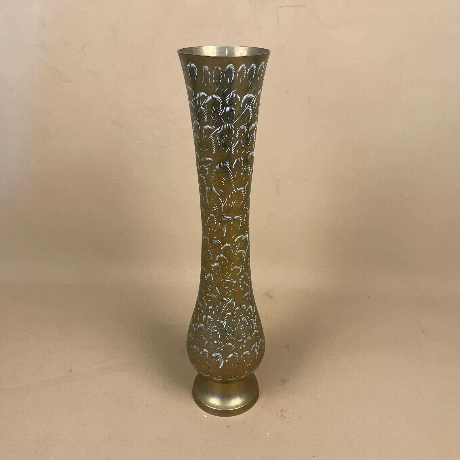 Antique Metal Gold Indian Patterned Brass Vase Pot Planter Jardiniere Handmade Engraved Etched Intricate Vintage Decorative Tall Funnel