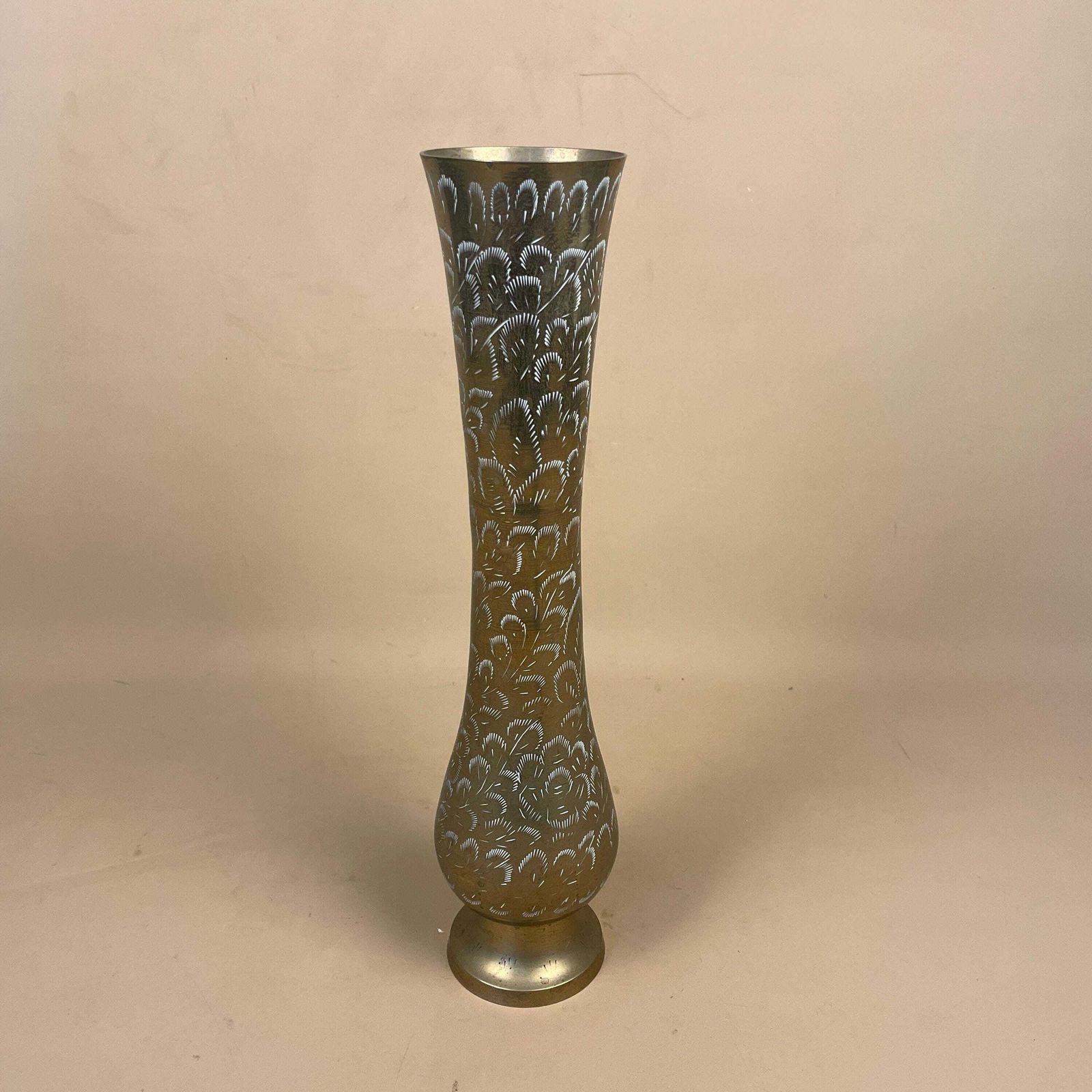 Antique Metal Gold Indian Patterned Brass Vase Pot Planter Jardiniere Handmade Engraved Etched Intricate Vintage Decorative Tall Funnel photo for sale