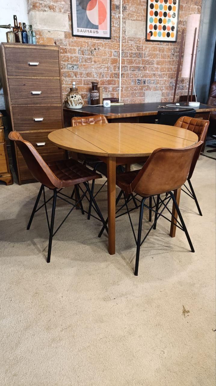 Vintage 1970s Drop Leaf Dining Table With Four Mid Century Style Leather Chairs photo for sale