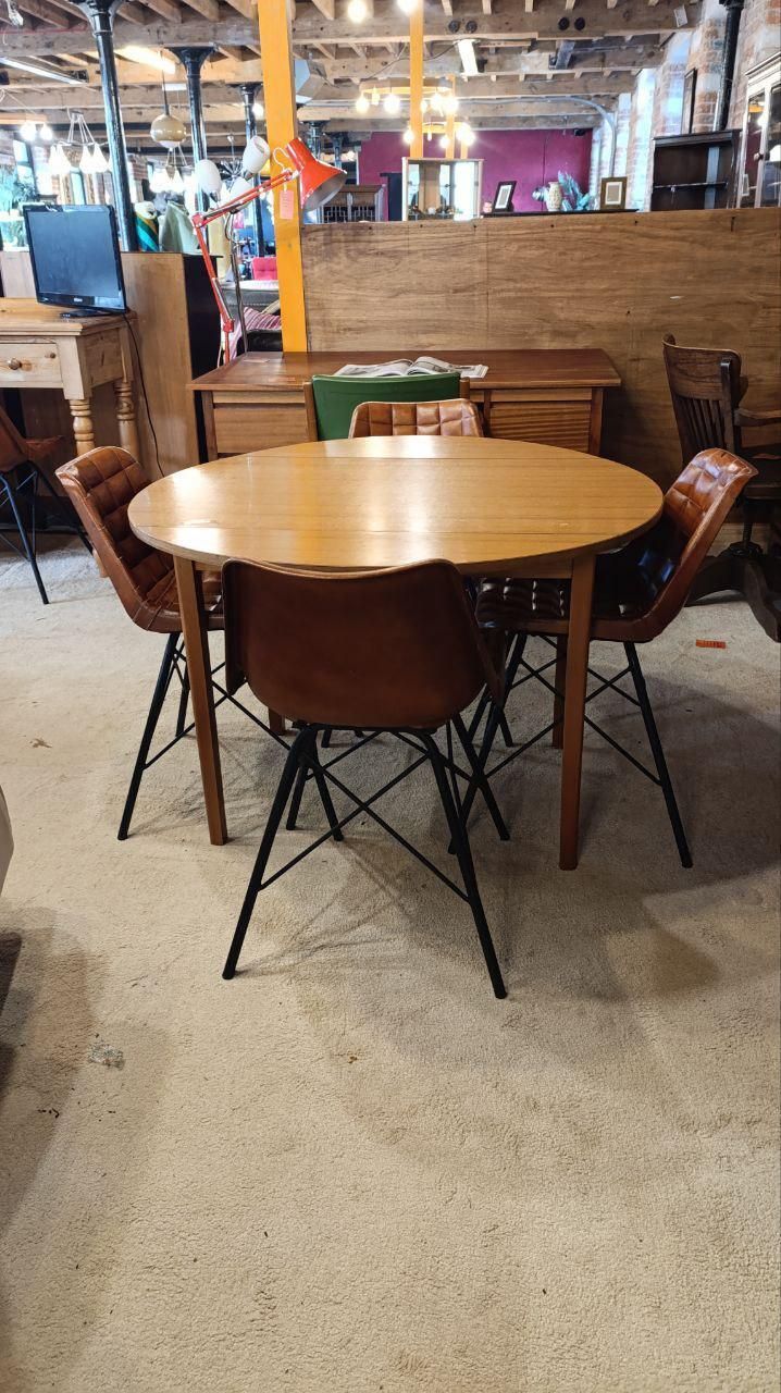 Vintage 1970s Drop Leaf Dining Table With Four Mid Century Style Leather Chairs photo Furniture