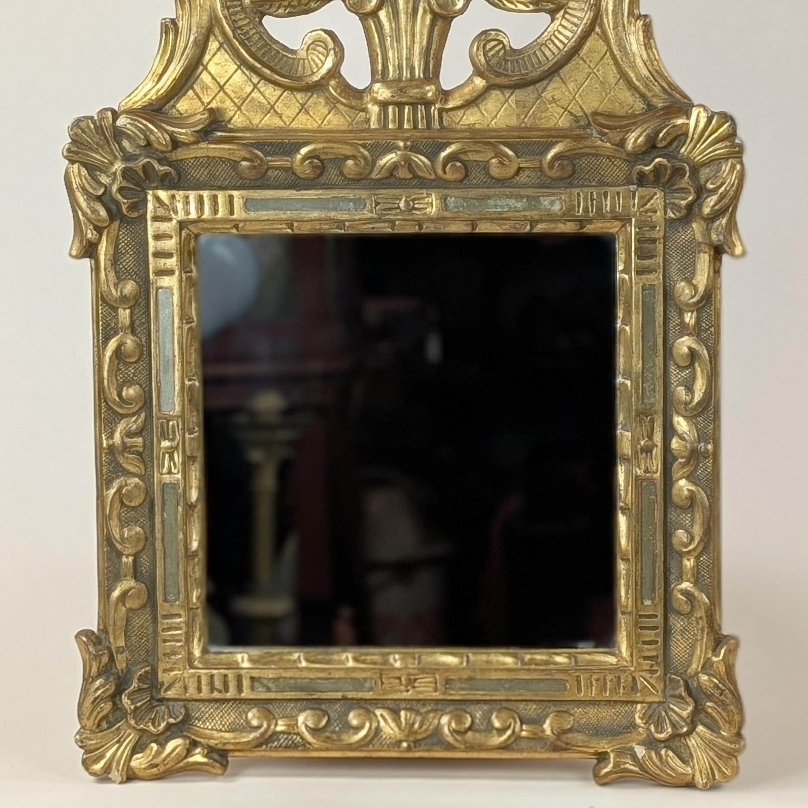 Italian Florentine Giltwood Mid Century Rococo Style Wall Accent Mirror, Ornate Gold Tabernacle Hollywood Regency Frame From Italy photo for sale