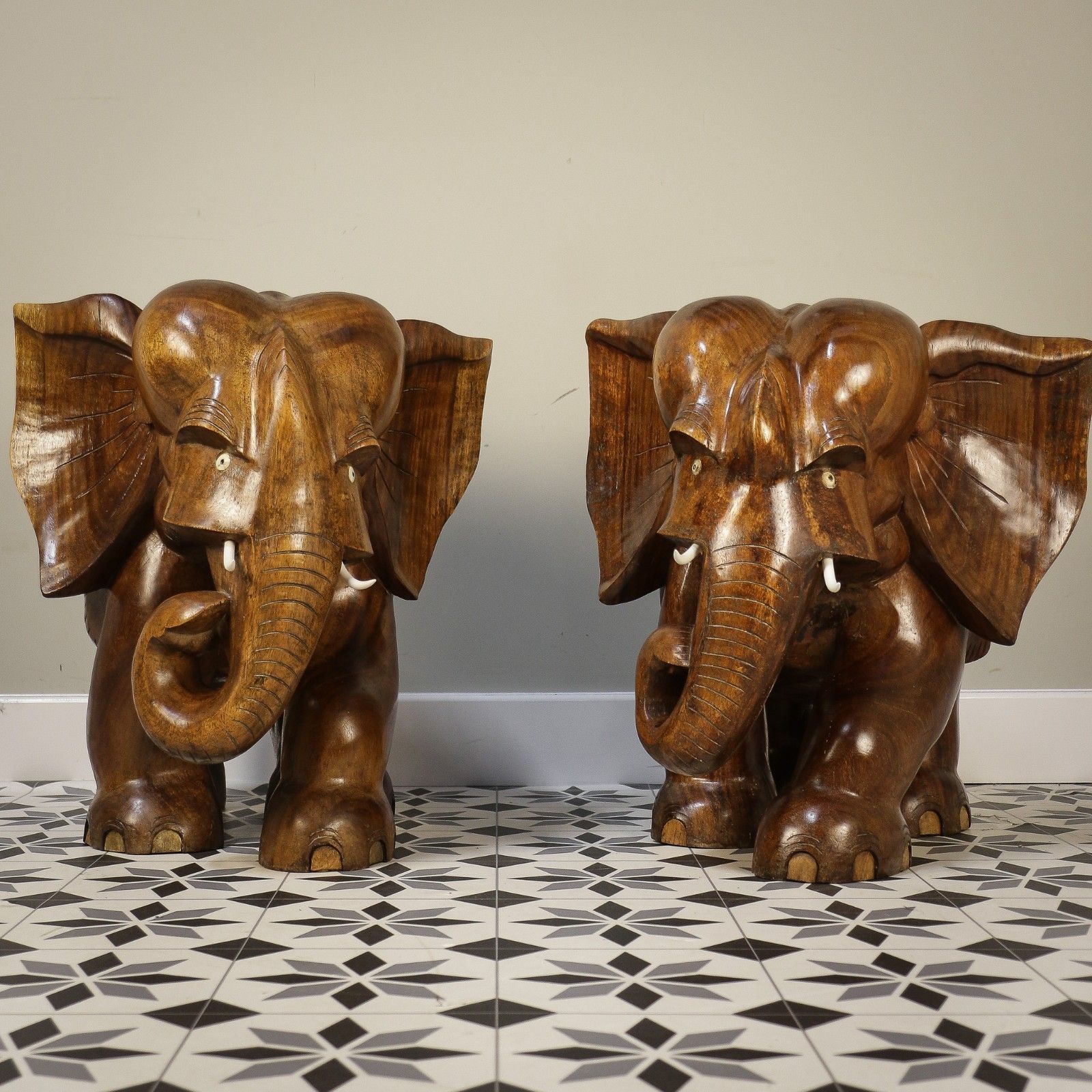 A Pair Of Large Teak Elephants Mid Century 57cm 22.5inches High photo furniture