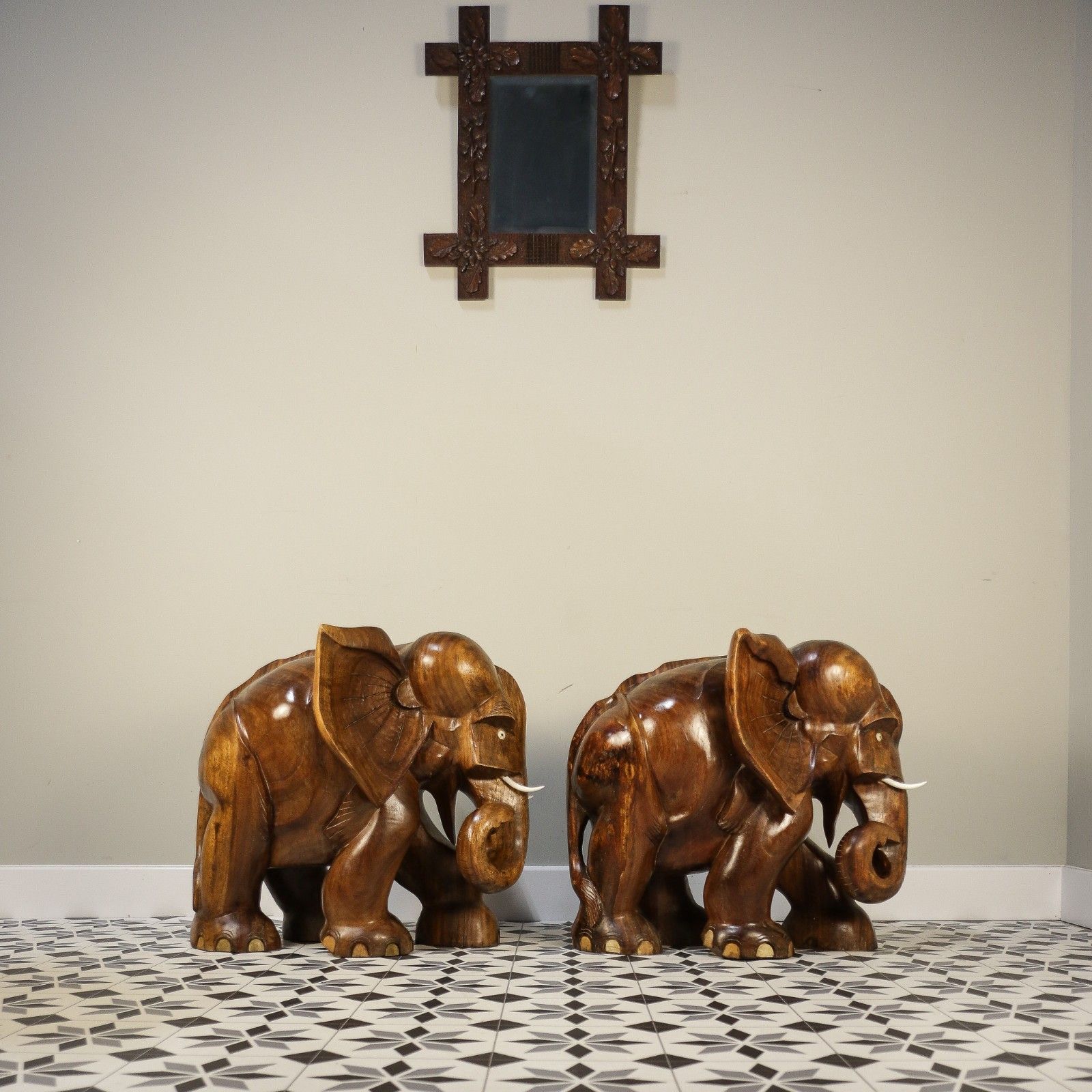 A Pair Of Large Teak Elephants Mid Century 57cm 22.5inches High photo vinterior