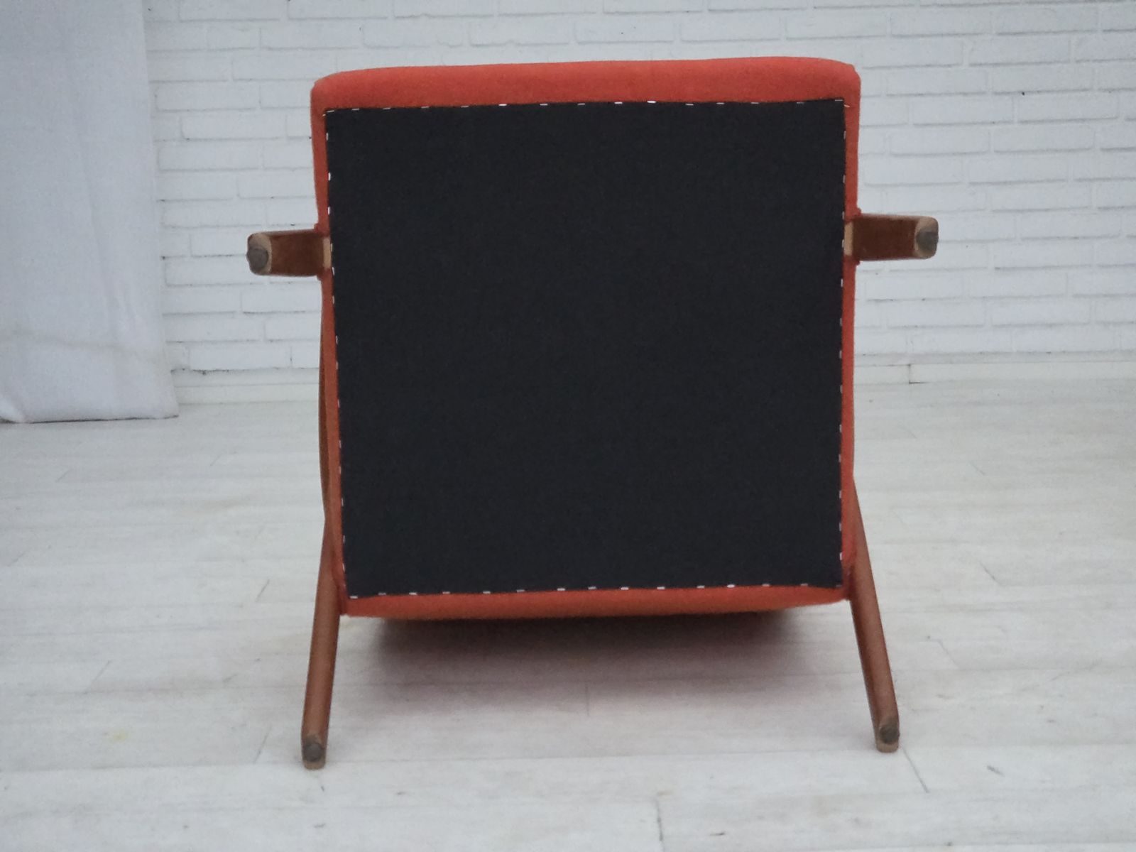 1970s, Danish Highback Armchair, Orange Furniture Wool, Teak Wood, Oak Wood. photo vintage