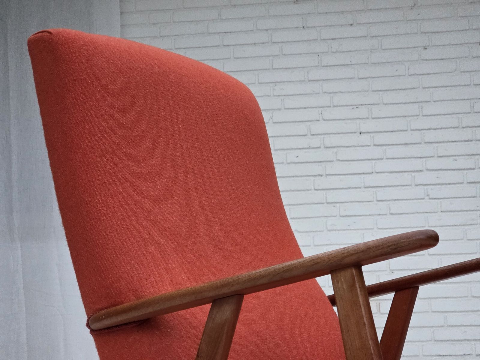 photo for sale 1970s, Danish Highback Armchair, Orange Furniture Wool, Teak Wood, Oak Wood.