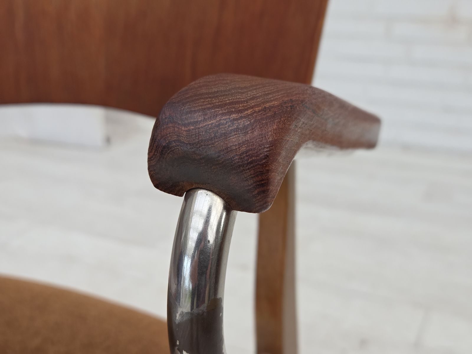 1960s, Danish Armchair, Furniture Velour, Teak Wood Armrests, Chrome Steel. photo for sale