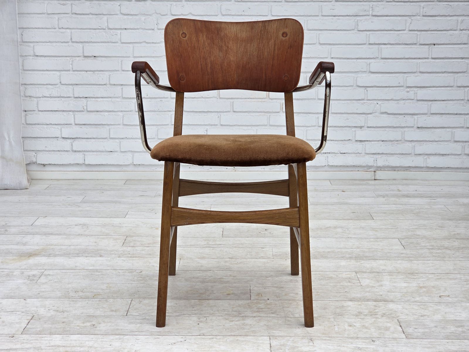 420.0 1960s, Danish Armchair, Furniture Velour, Teak Wood Armrests, Chrome Steel. photo
