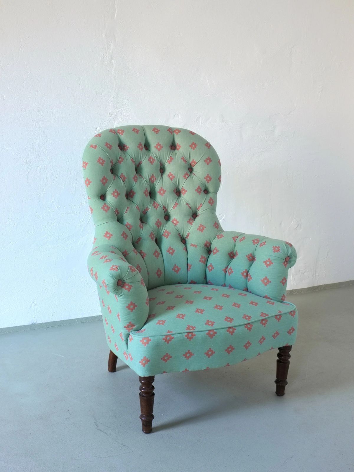 Vintage Green Coral Button Back Armchair | Belgium photo furniture