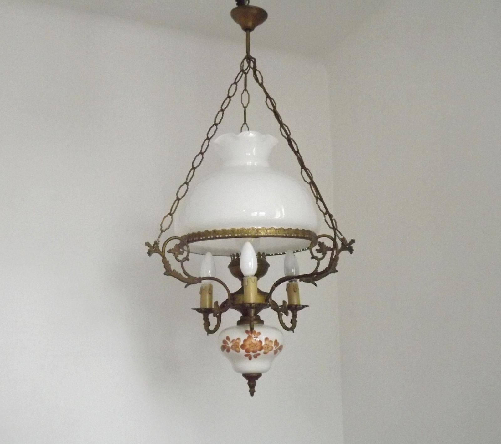 Antique French Country 4 Light Lantern Hanging Light Opaque Glass Shade & Floral Finial