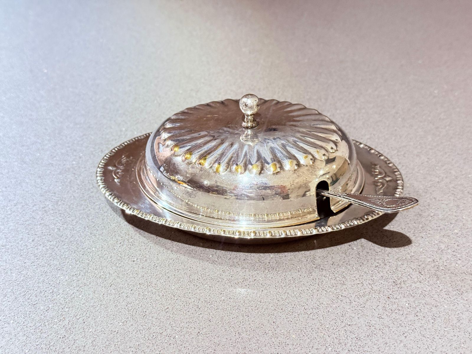 Antique Silver Butter Dish With Crystal Liner & Spoon, Elegant Vintage Tableware photo furniture