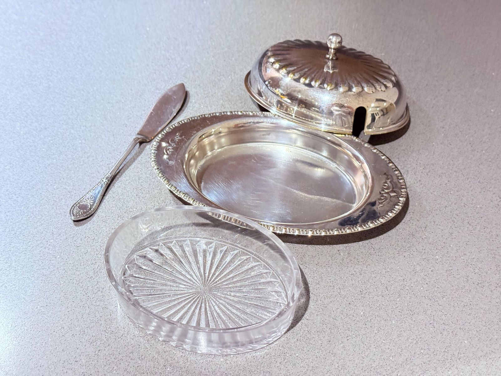 Antique Silver Butter Dish With Crystal Liner & Spoon, Elegant Vintage Tableware photo vintage