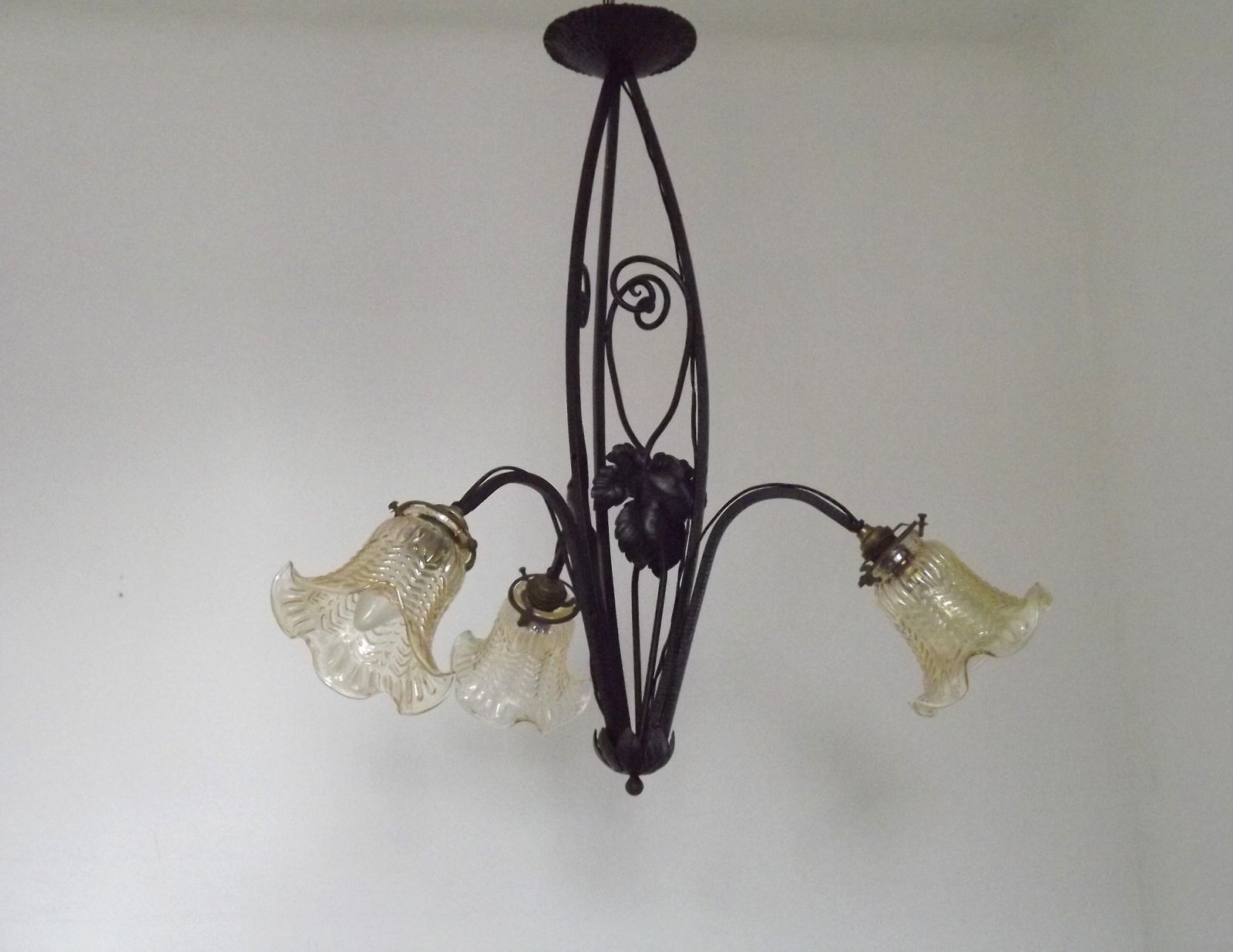 French Art Nouveau Leaf Detail Iron 3 Light Chandelier Amber Glass Shades 4001