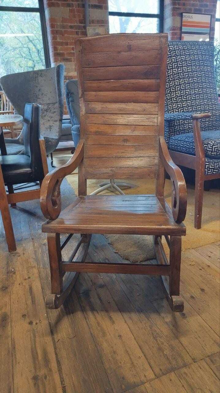 Hand Carved Teak Rocking Chair – Rustic Colonial Revival Style photo furniture
