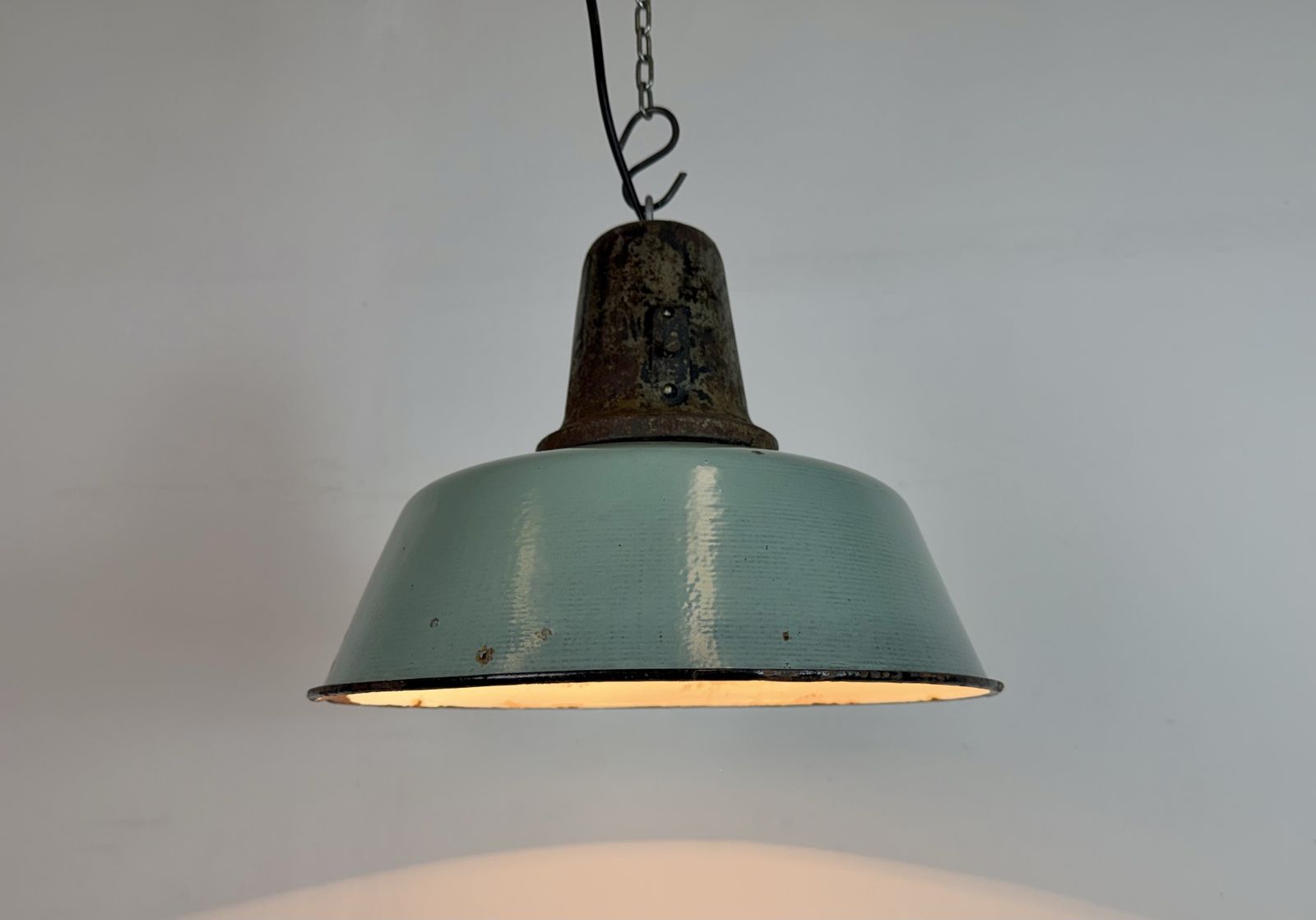 Industrial Petrol Enamel Factory Lamp With Cast Iron Top, 1960s photo for sale