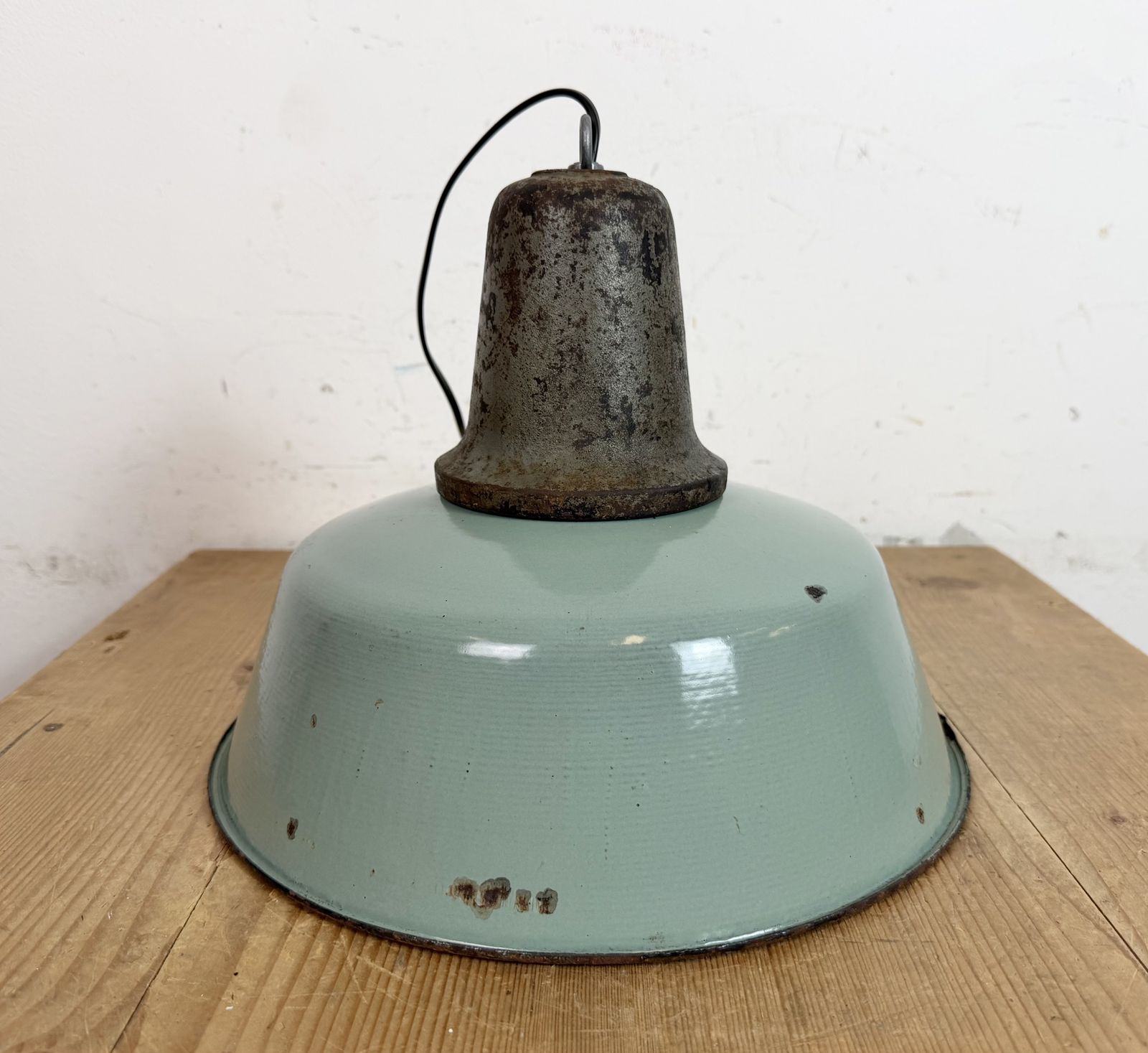 Lighting Industrial Petrol Enamel Factory Lamp With Cast Iron Top, 1960s photo
