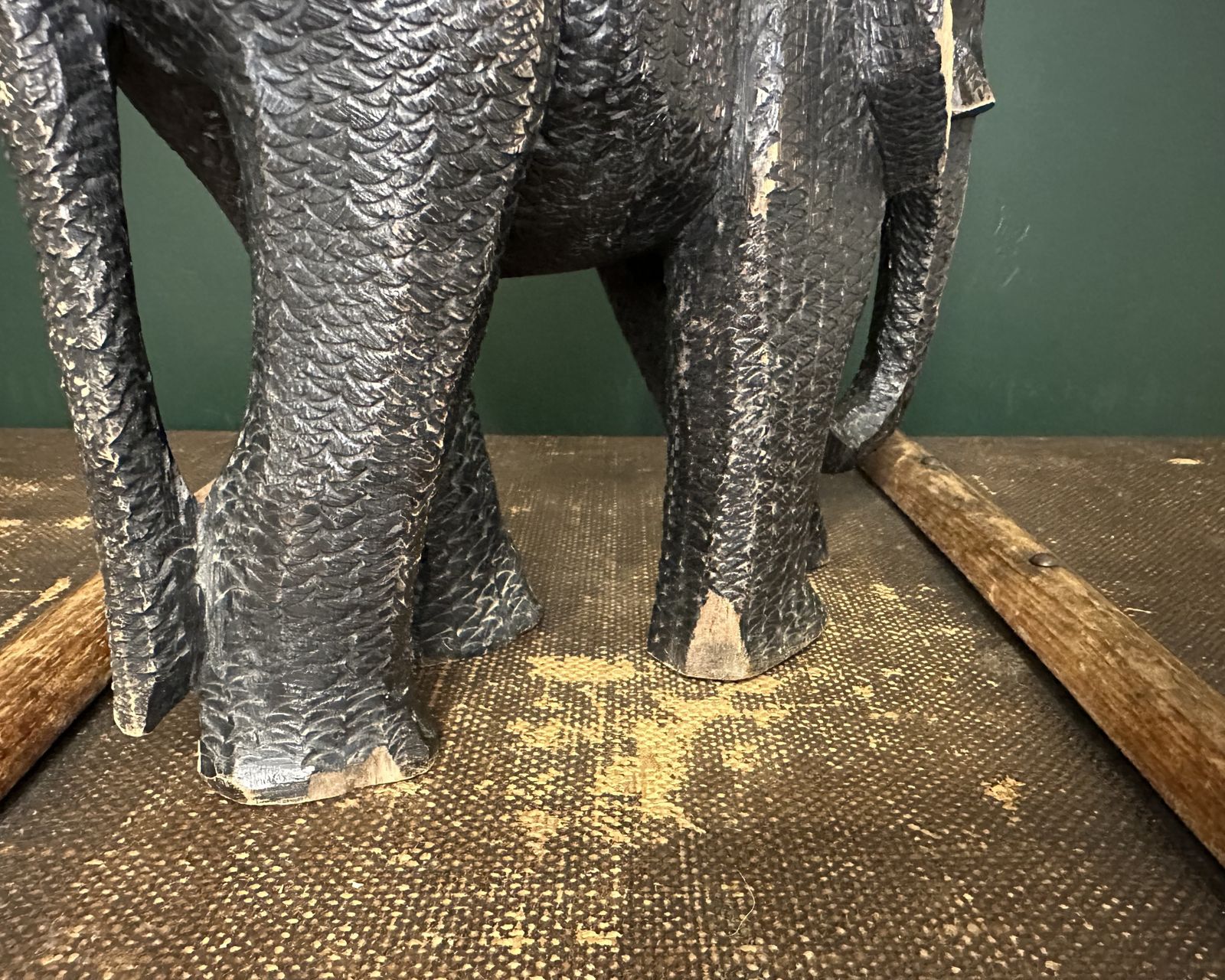Vintage Heavy Wood Elephant Statue Hand Carved Texture photo furniture