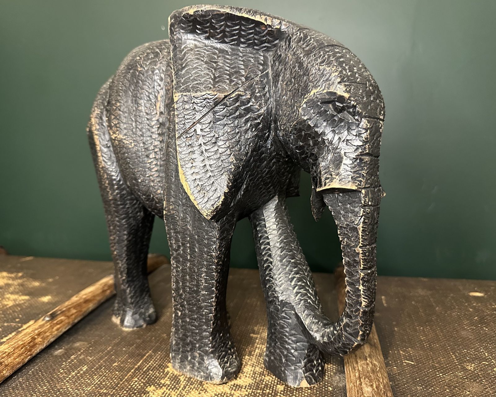 Vintage Heavy Wood Elephant Statue Hand Carved Texture photo vinterior